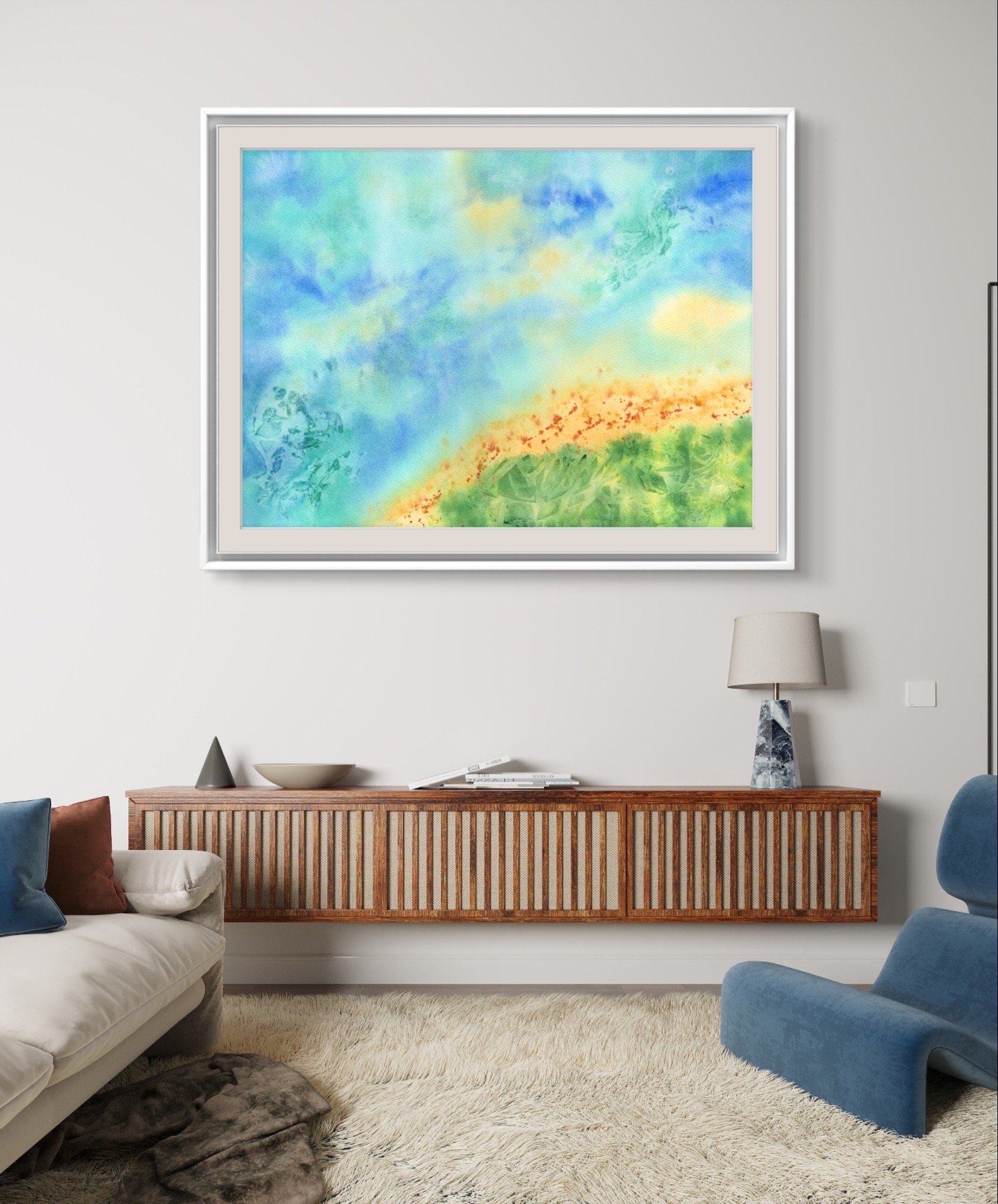 Abstract Seascape Giclée Fine Art Print is Watercolour Landscape Bird's-eye View Framed Print of the Ocean in a Room Setup