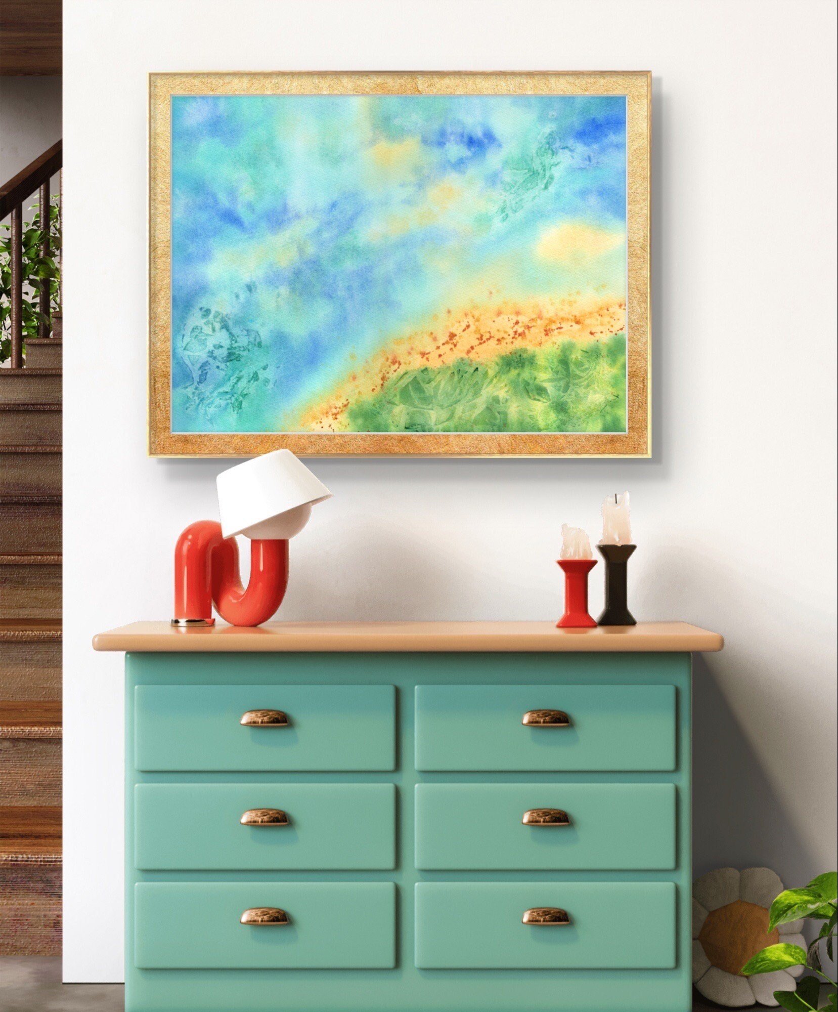 Abstract Seascape Giclée Fine Art Print is Watercolour Landscape Bird's-eye View Framed Print of the Ocean in a Room Setup