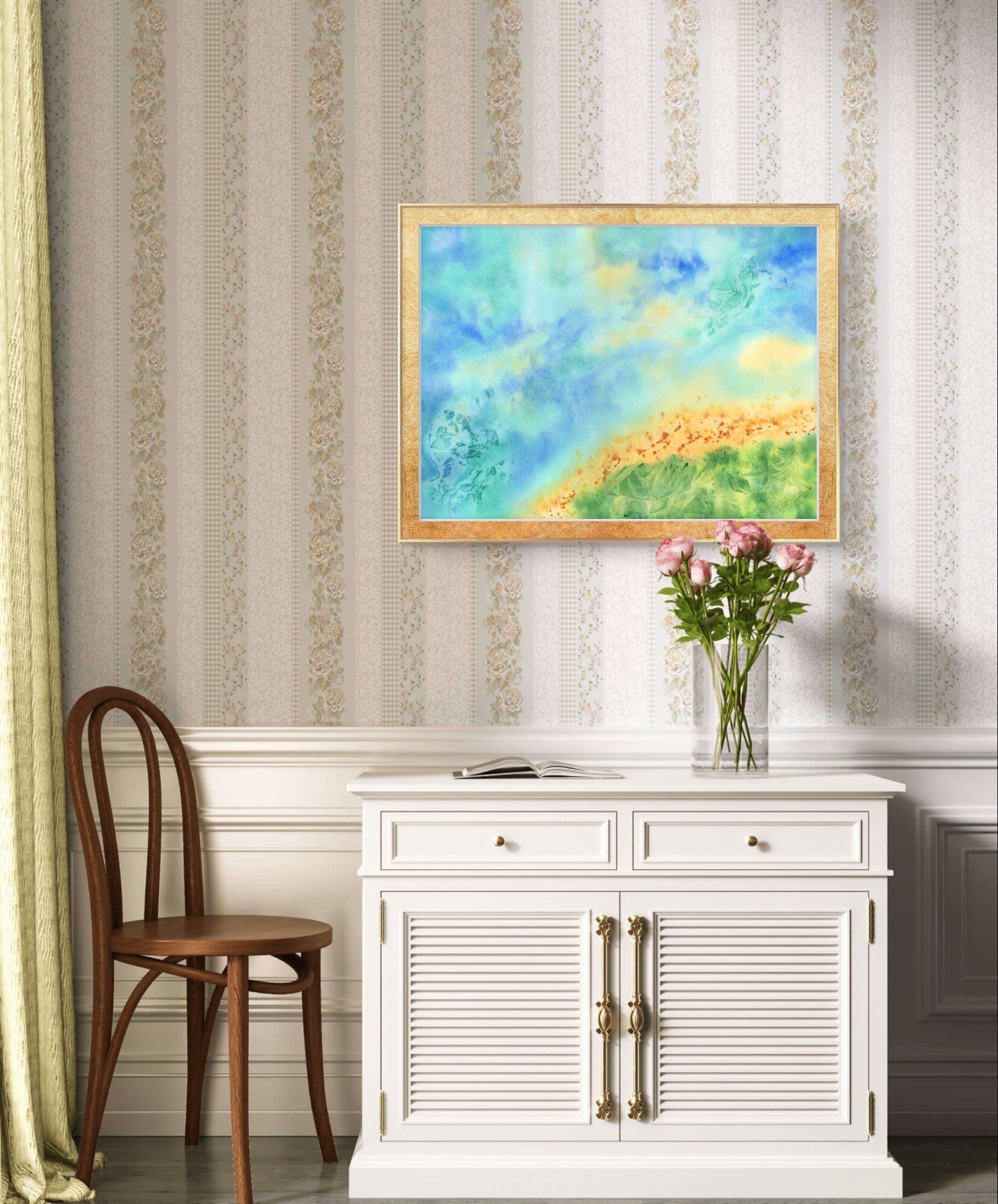 Abstract Seascape Giclée Fine Art Print is Watercolour Landscape Bird's-eye View Framed Print of the Ocean in a Room Setup