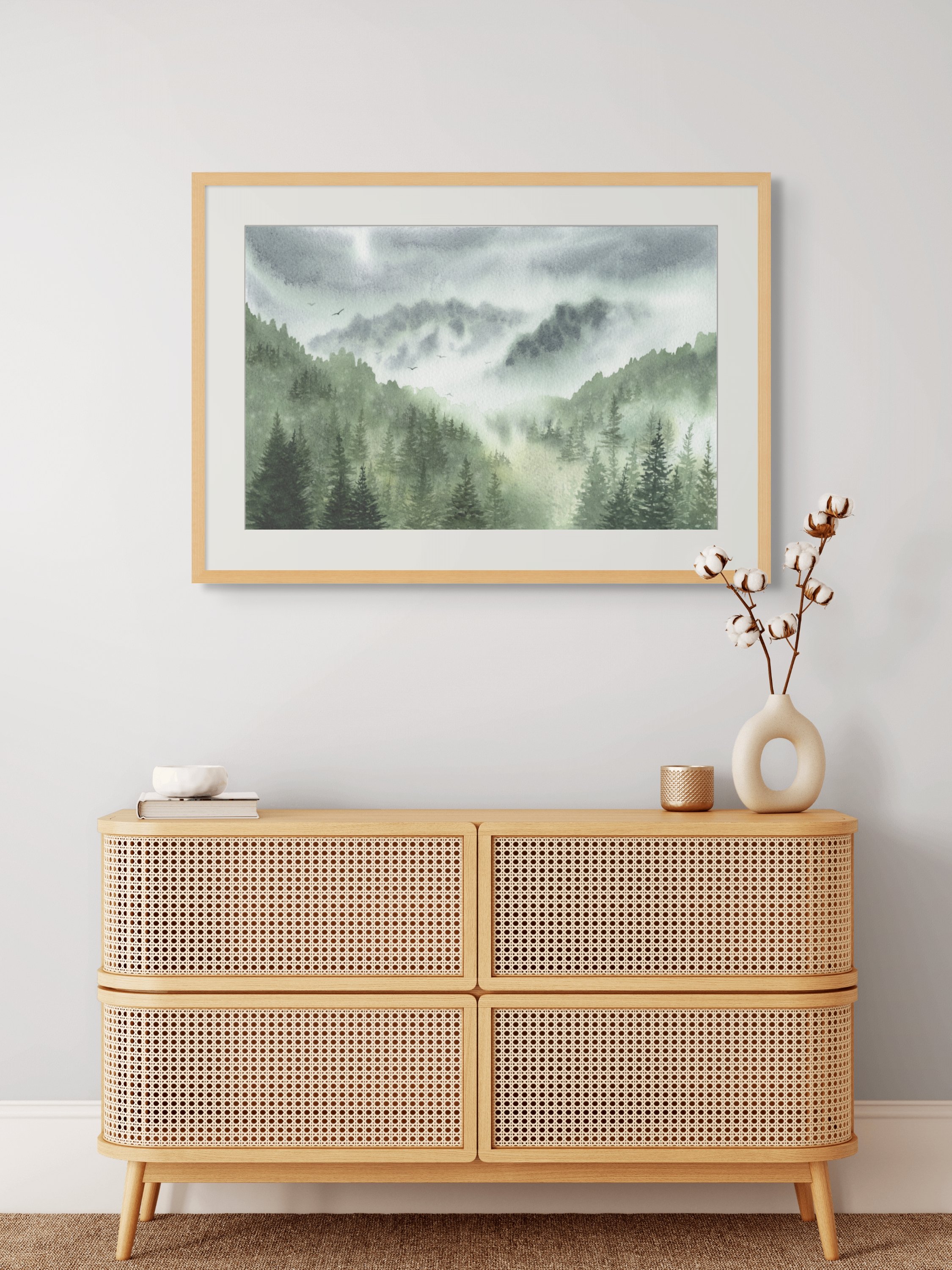 Misty Forest with Pine Trees Giclee Fine Art Print Printed on Luxurious Gallery-Quality Matte Paper in a Room Setting