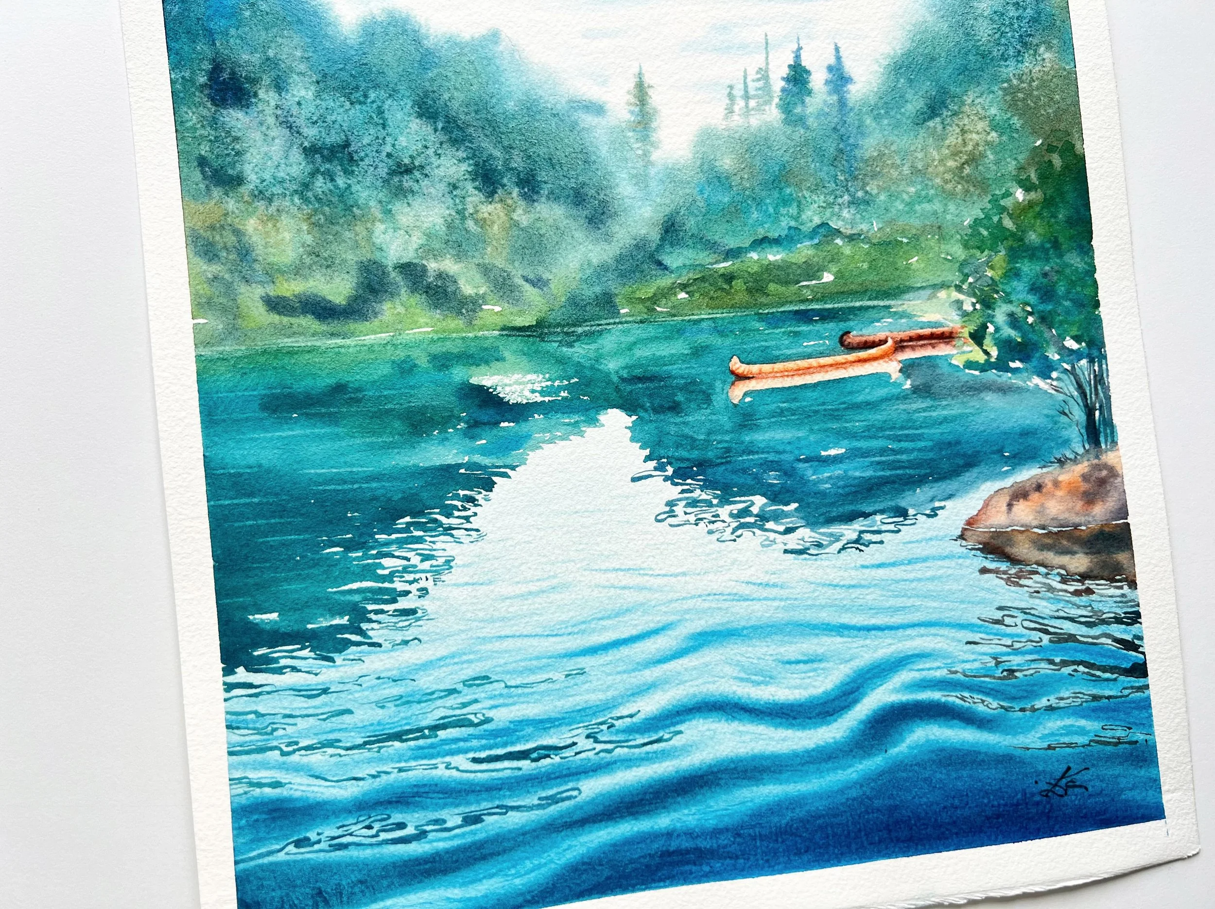 Close up of Original Watercolour Painting on Paper inspired by the stunning Lago di Braies in the Italian Dolomites