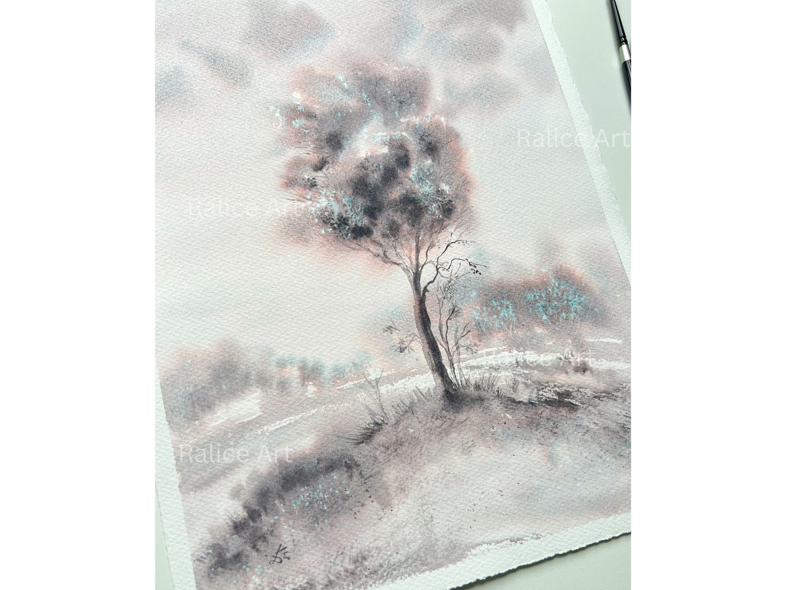 Solitary Tree Painting, Landscape Wall Art, Unique Nature Art, Farm House Wall Art, Minimalist Nature Painting, Housewarming Gift, A closeup of Solitude in natural setting, surrounded by art supplies