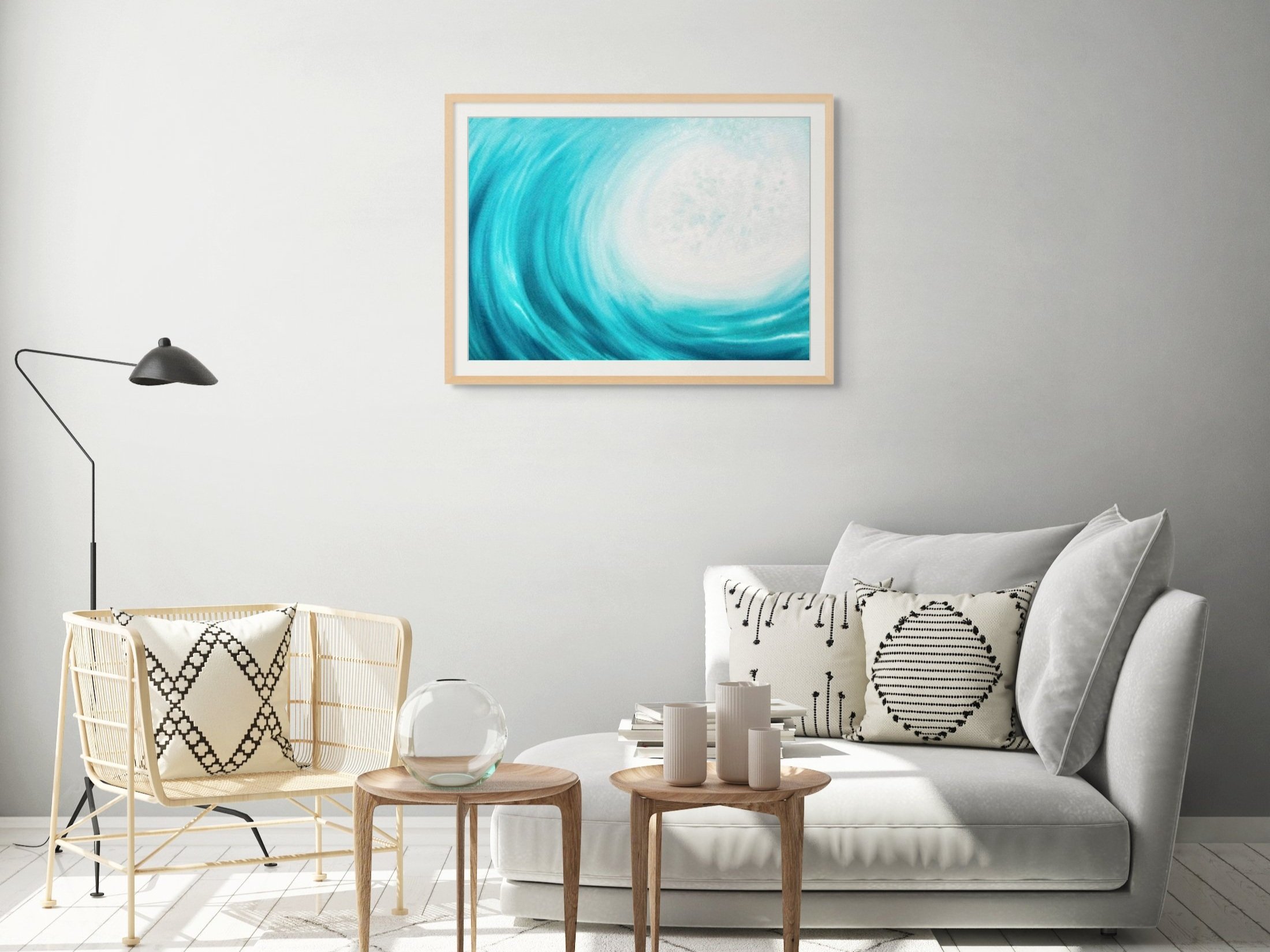 Framed watercolor painting "Blue Serenity" staged in a modern living room. Elegant and calming wave art for a serene atmosphere.