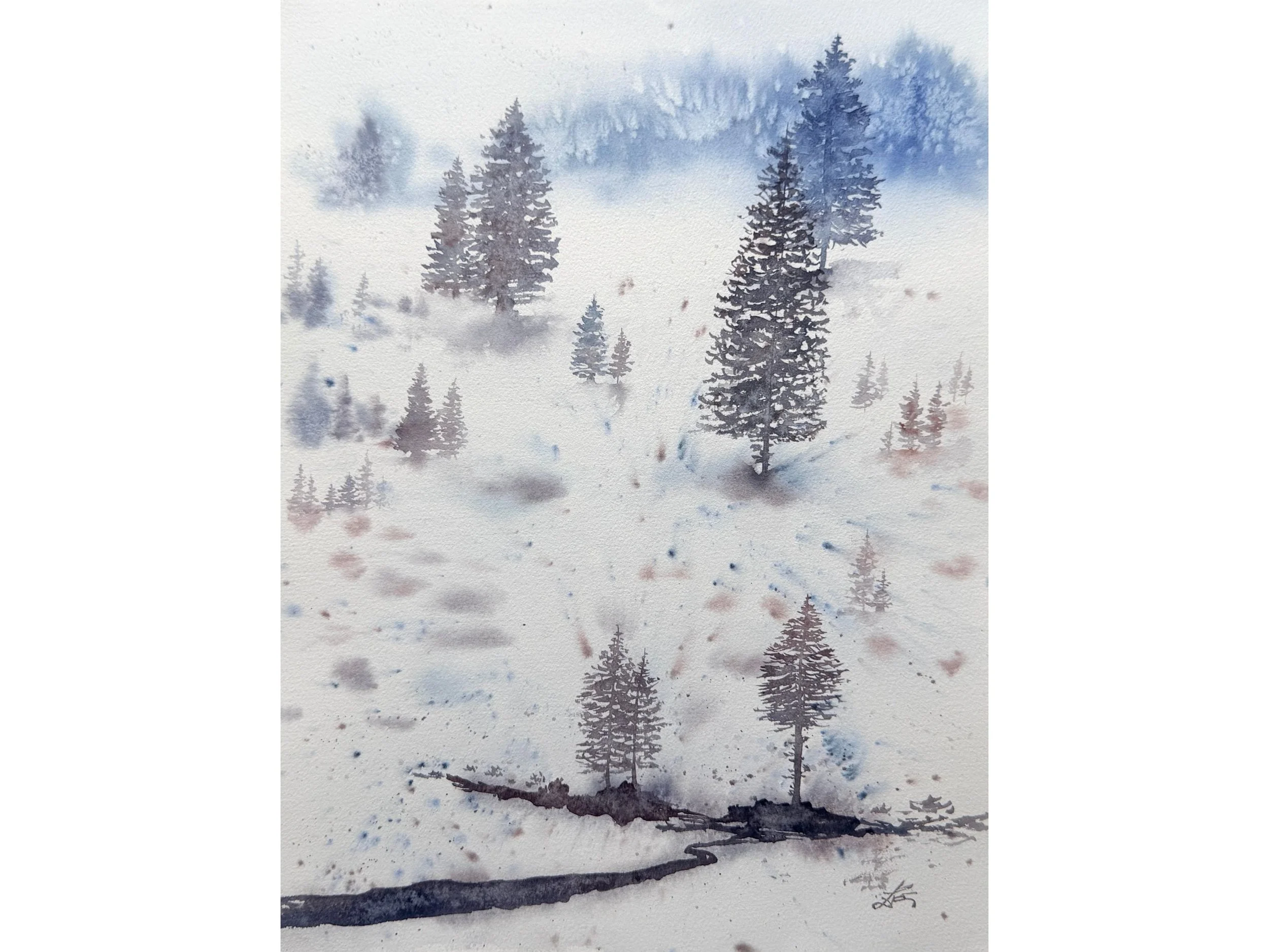 Original Watercolor Snowy Landscape with Pine Trees Winter Forest Scene Serene Nature Wall Art Hand Painted Snow.jpg