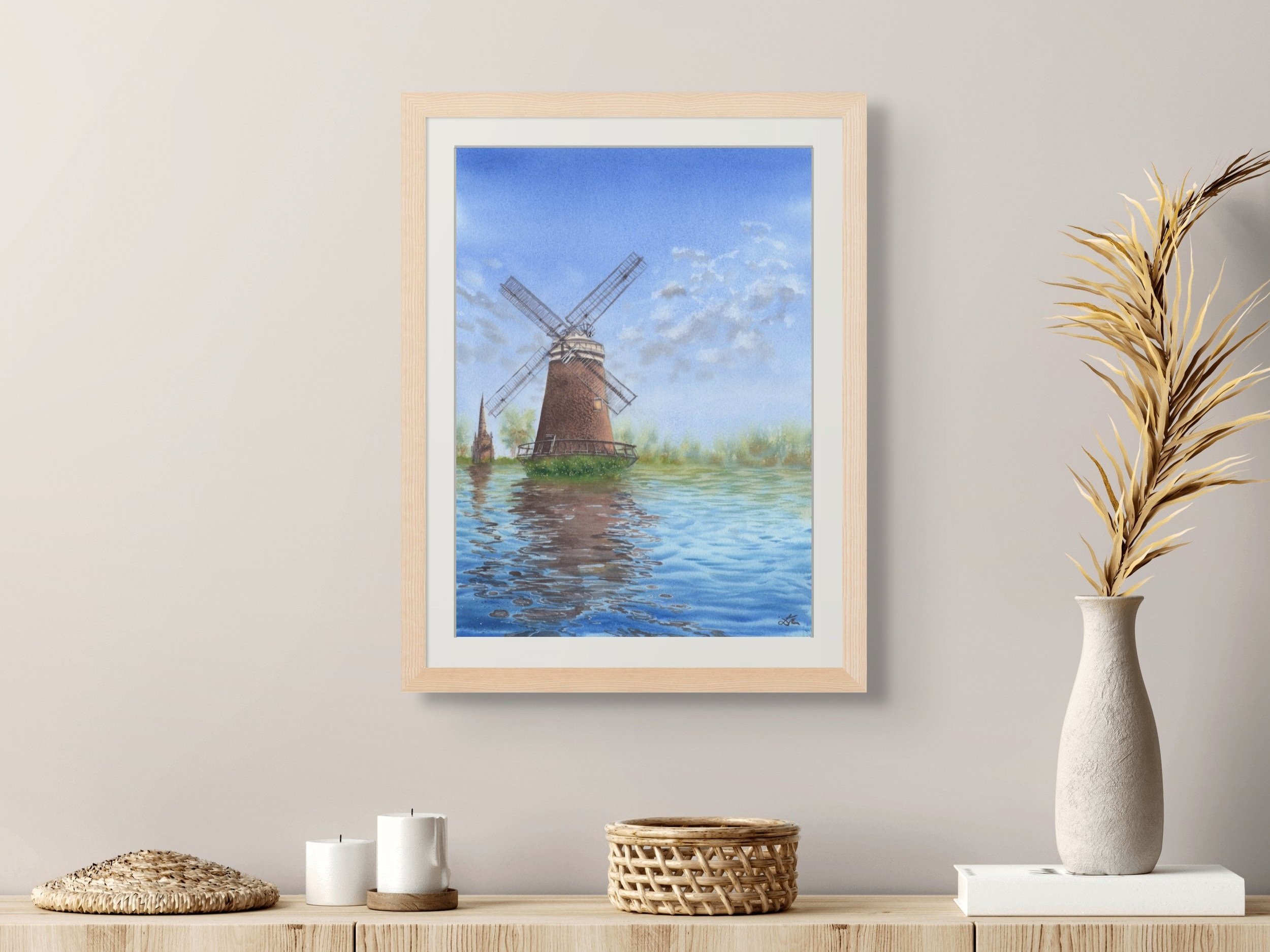 Windmill's Reflections Giclee Fine Art Print Printed on Luxurious Gallery-Quality Matte Paper Framed in a Hallway Setting