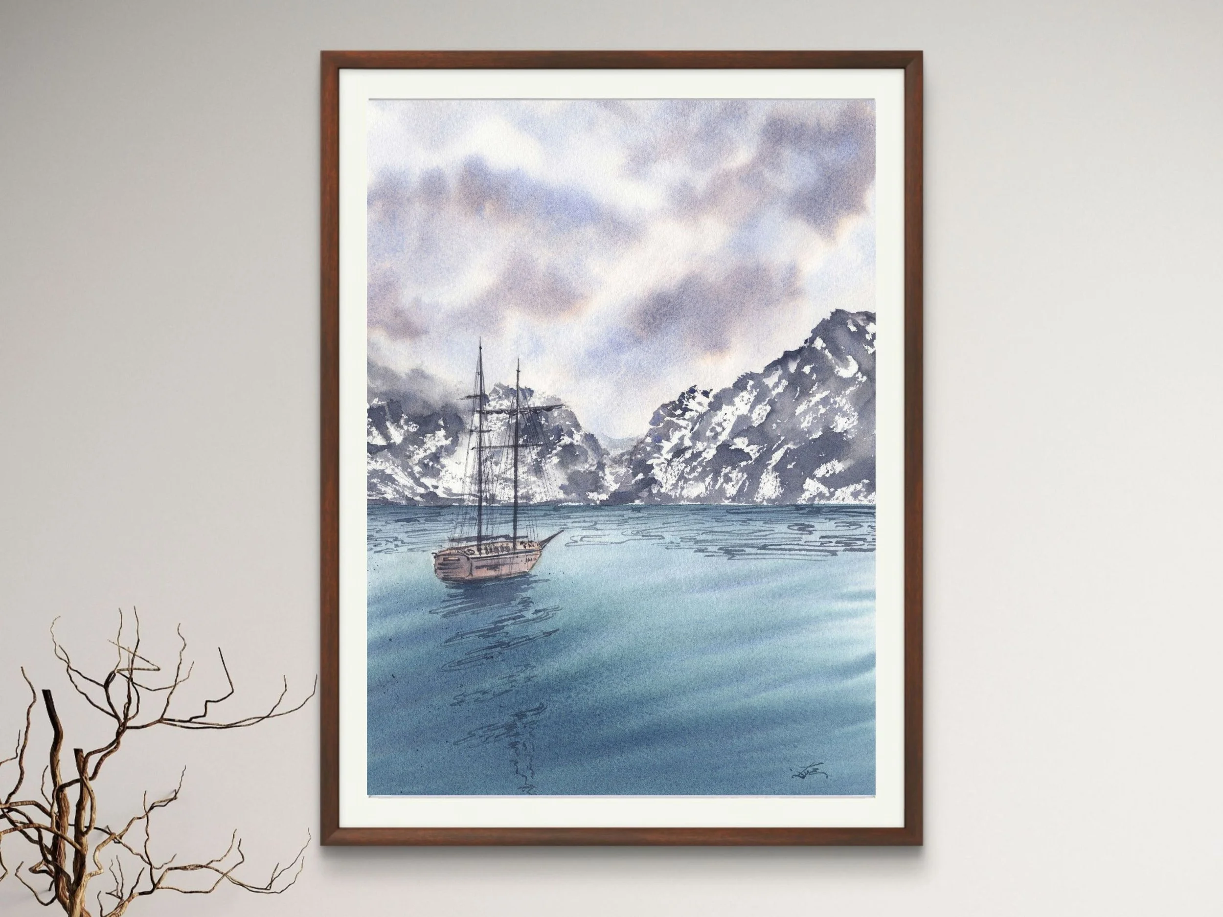 Sail Towards the Mountains Archival Art Print, Watercolor Fjord Landscape Print, Sailboat Poster 13.jpg