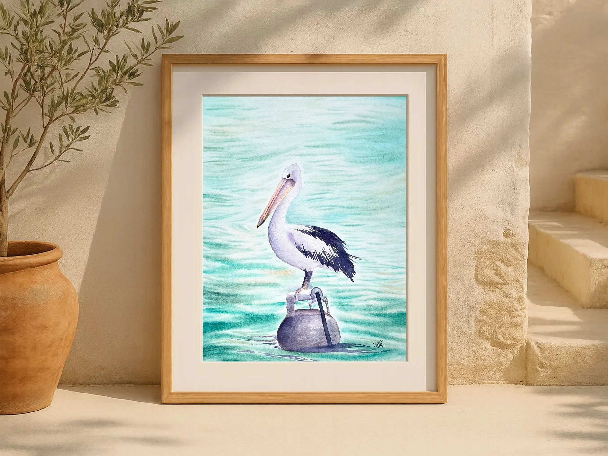 Australian Pelican Original Watercolor Painting framed- Wildlife Art for Rustic Homes