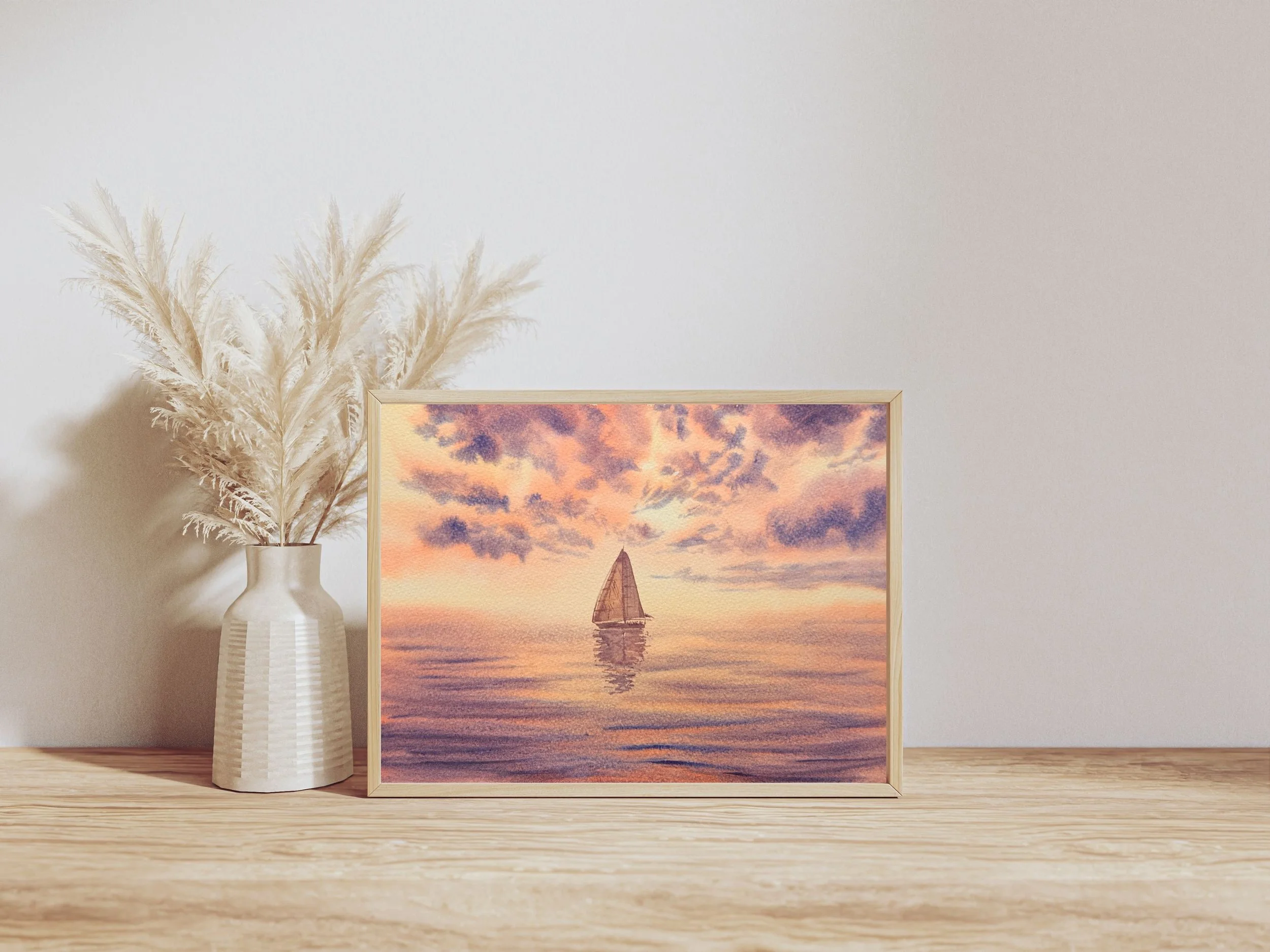 Original Watercolor Sailboat Seascape at Sunset in Purple and Gold, Calm Ocean Sunset Wall Art 4.jpg