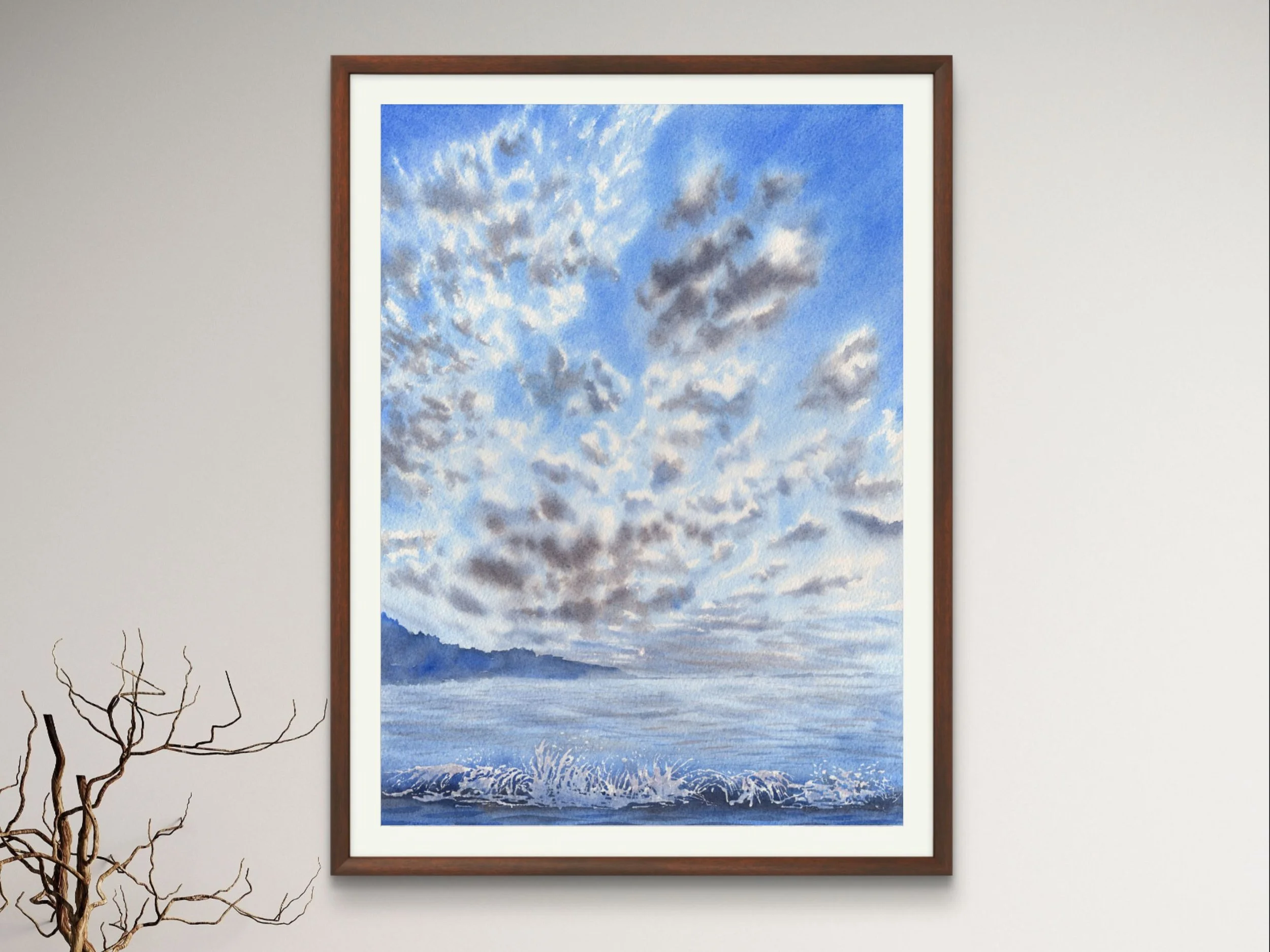 Clouds Fine Art Print, Fluffy Cirrocumulus Sky Watercolor Print, Blue Sky Wall Art, Minimalist Nature Decor 11.jpg