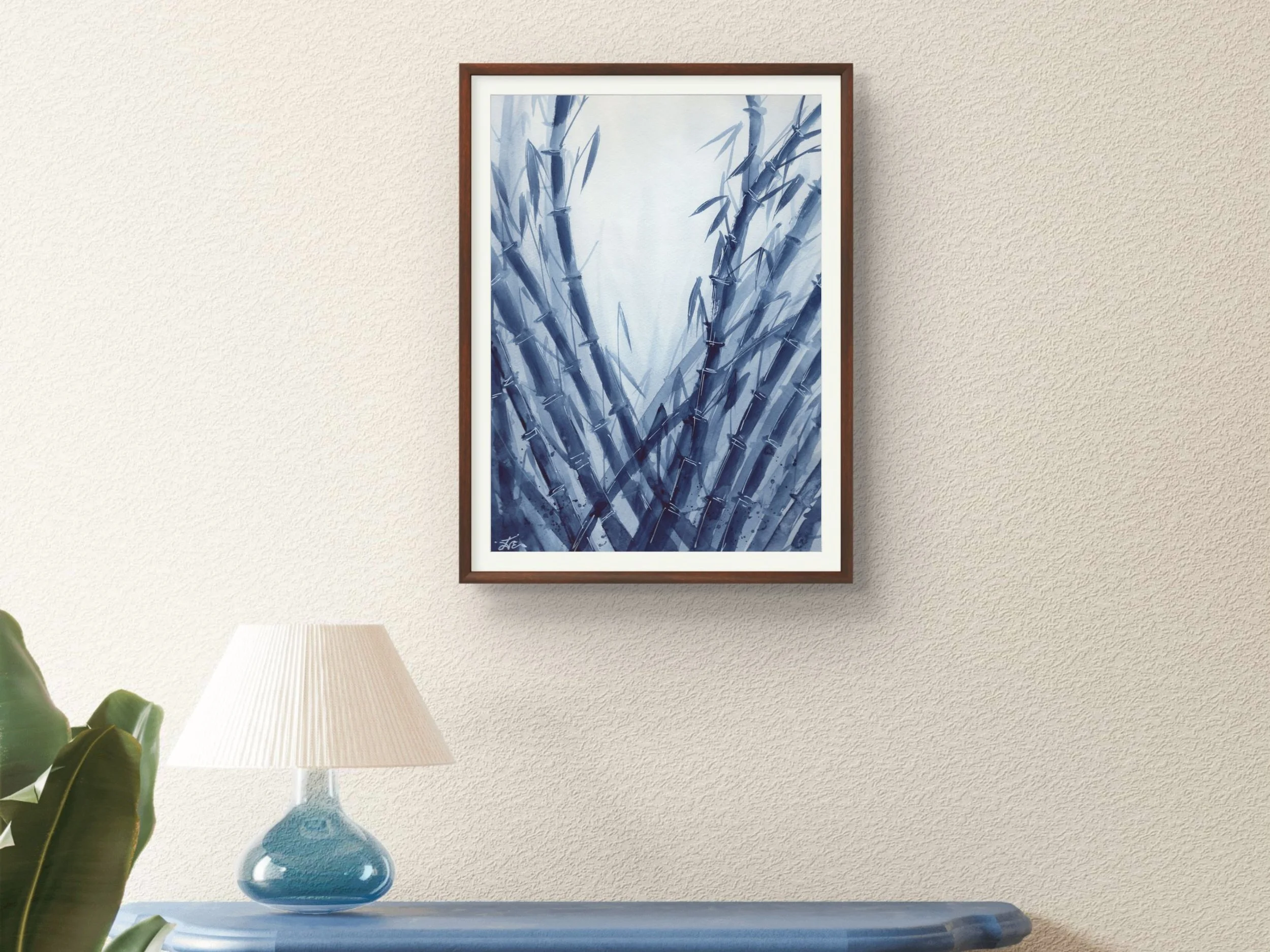 Blue Bamboo Forest Original Watercolor Painting, Minimalist Botanical Art, Zen Asian Inspired Wall Decor, Indigo Nature Artwork 9.jpg