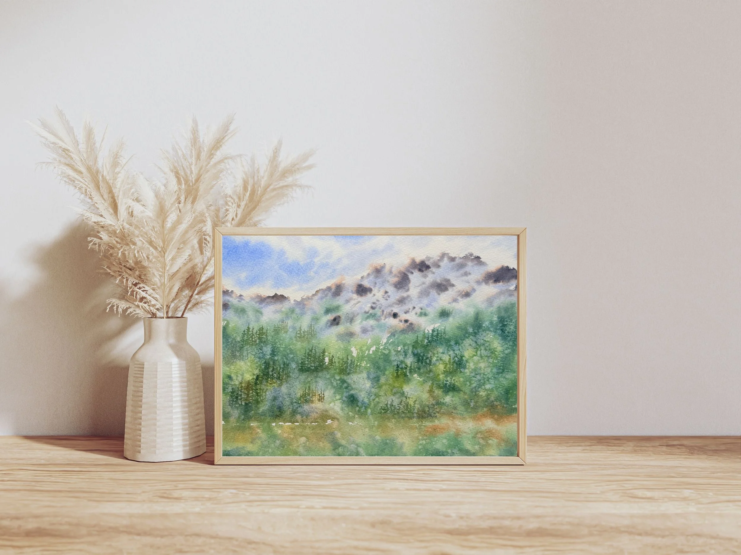 Forest and Mountain Landscape Original Watercolor Painting, Pine Tree Nature Art, Misty Woodland Wall Decor, Green 4.jpg