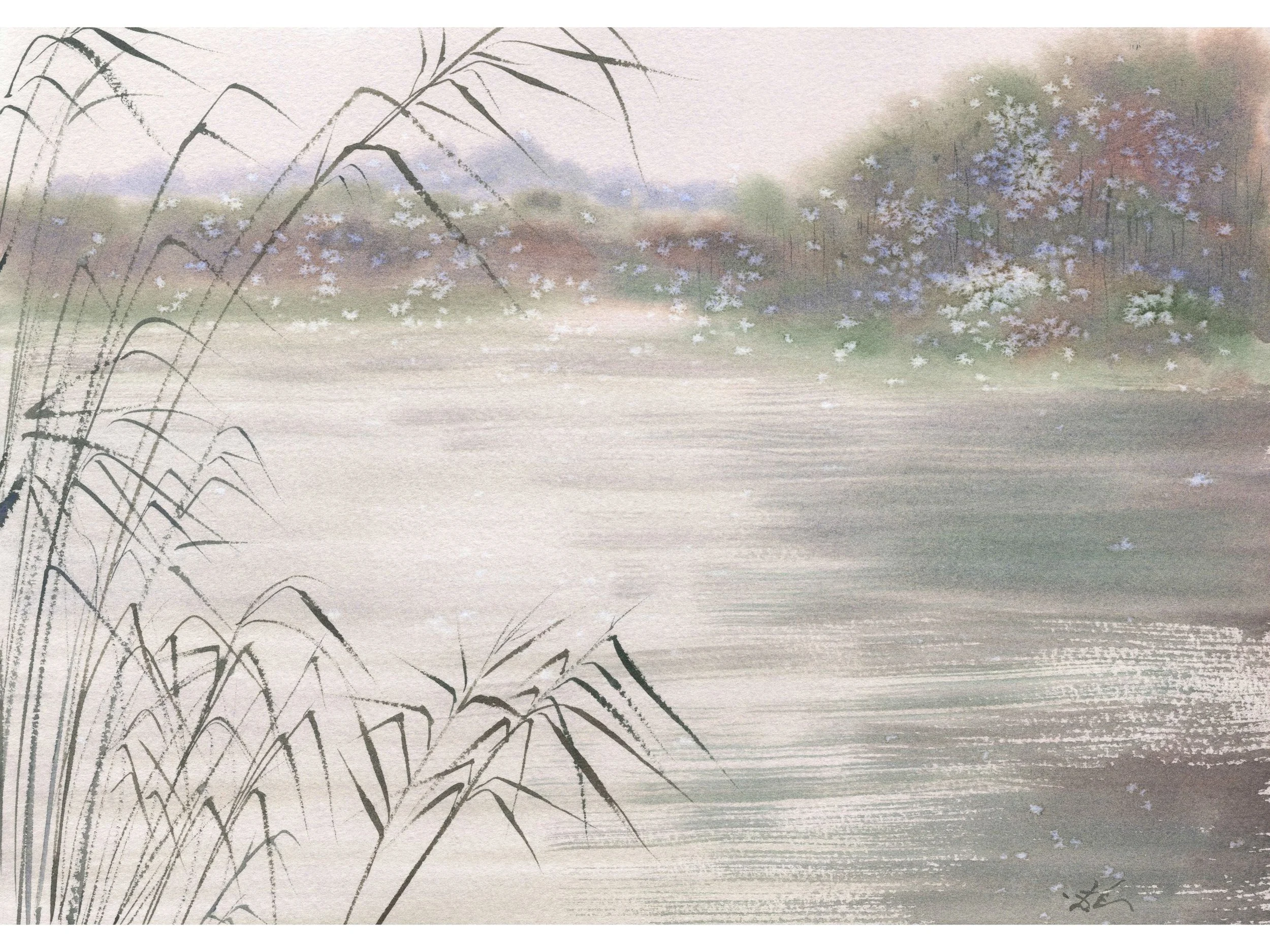 Dreamy Lake Landscape Art Print Soft Reeds and Calm Water Serene Nature Scene Poster.jpg