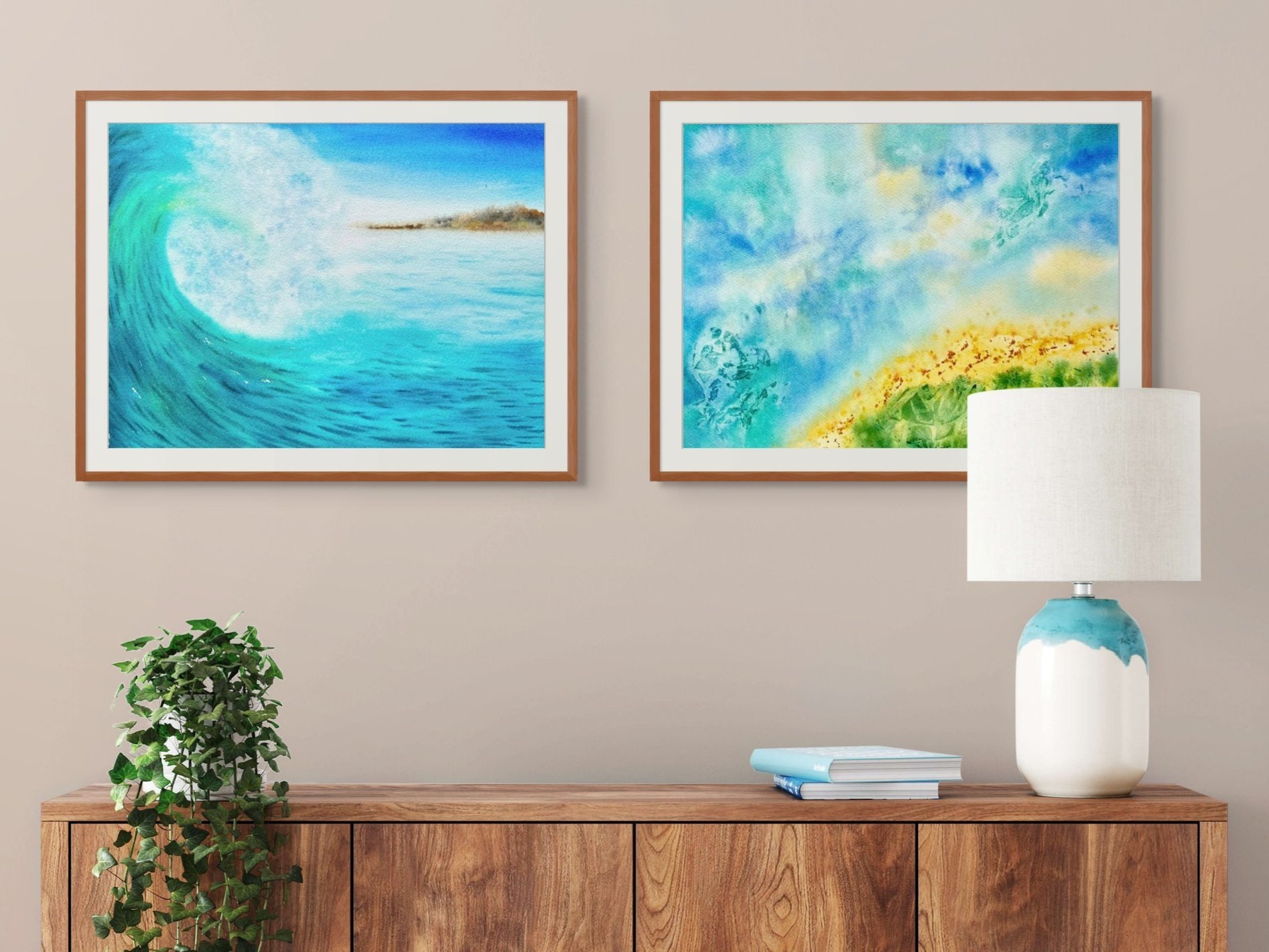 Turquoise blue crashing wave painting, framed and hanging in a bright hallway. An ocean-inspired artwork adding dynamic energy to your home.