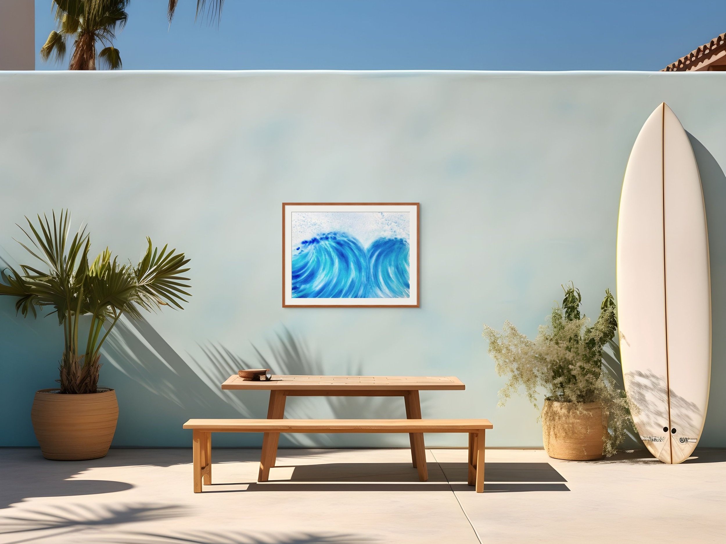 The vibrant watercolor painting "A Dance for Two" featuring dynamic crashing waves in the patio area. Perfect for modern coastal decor.