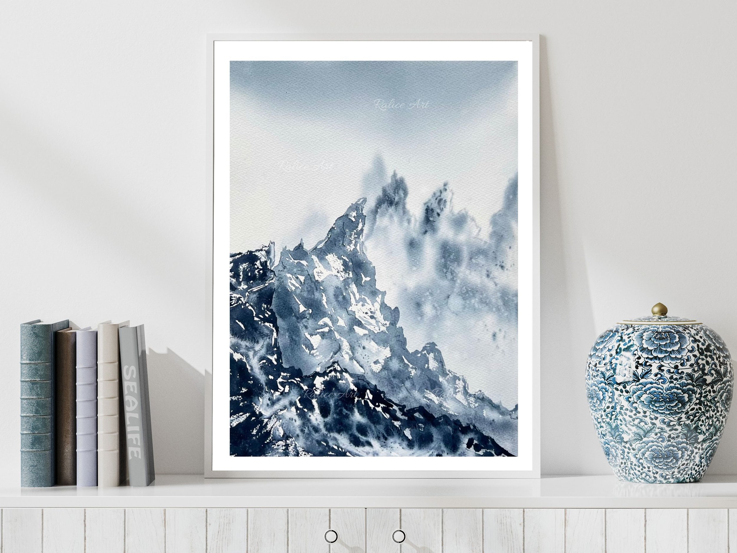 Textures - Original Watercolor Mountain Painting, Rocky Landscape Painting, Rocky Mountain National Park, Monochrome Original Home Art Decor on a shelf