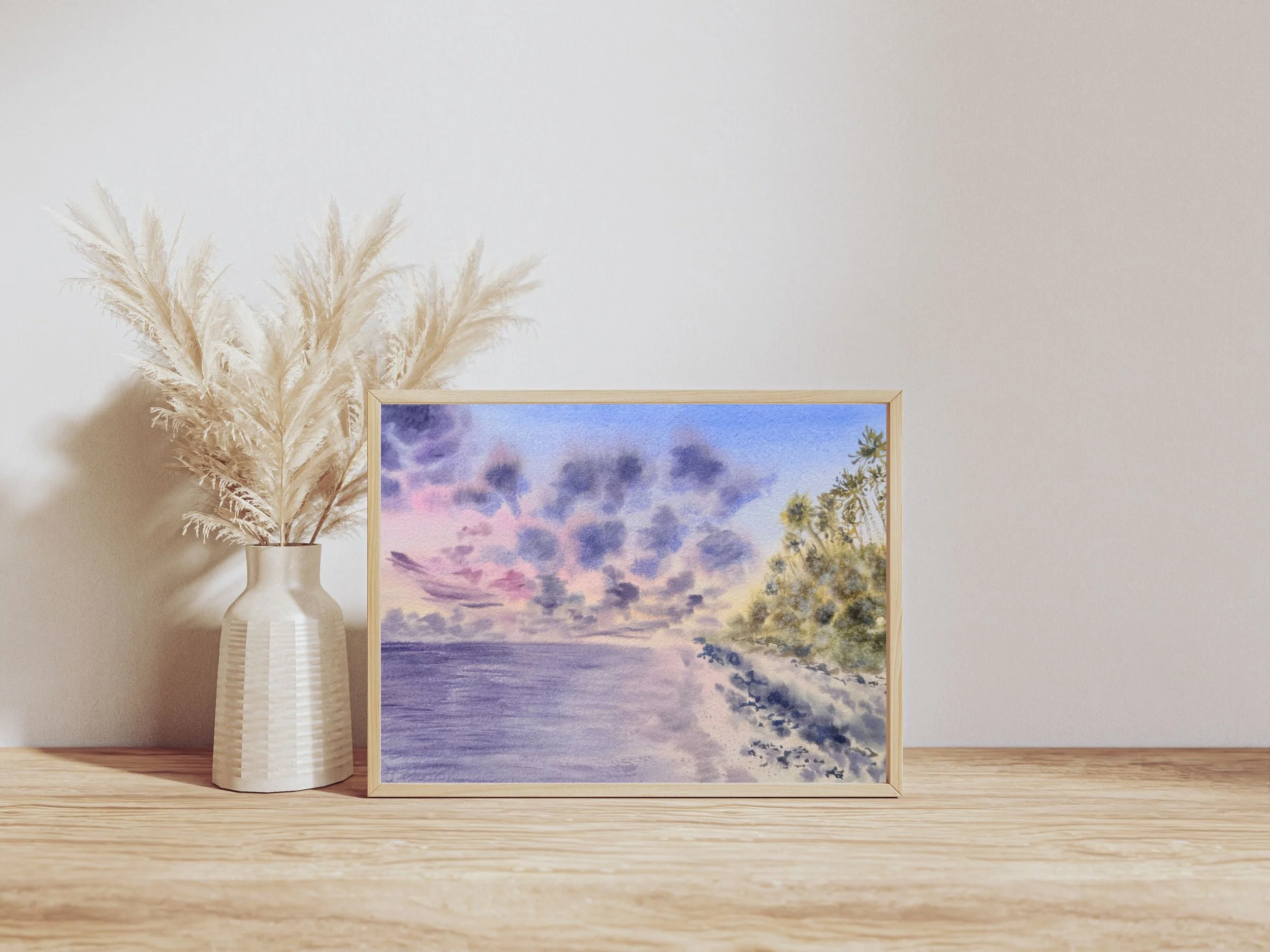 Purple Pink Sunset Seascape Original Watercolor, Tropical Coastal Wall Art, Vibrant Ocean Painting, Beach Sunset Decor 4.jpg