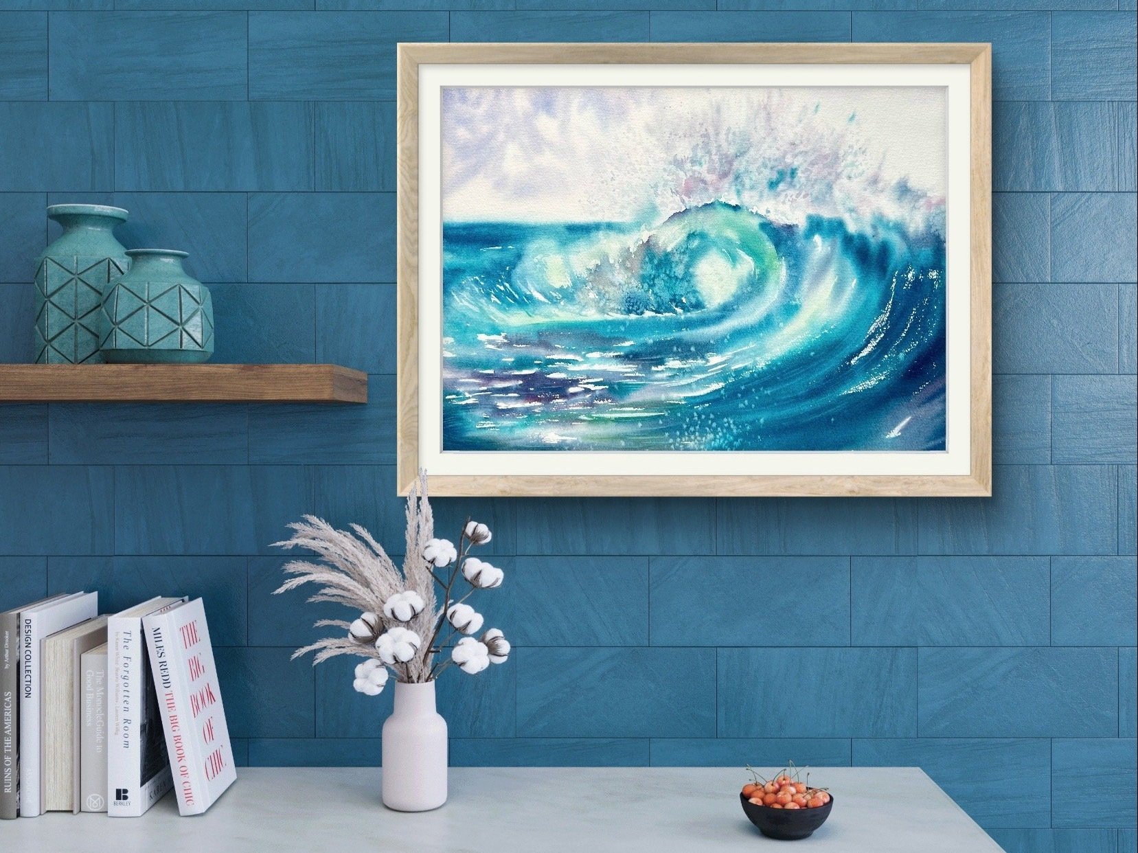 This original watercolor painting have vibrant textures and dynamic brushstrokes. Showcasing bright pink, yellow, green, and turquoise colors.
