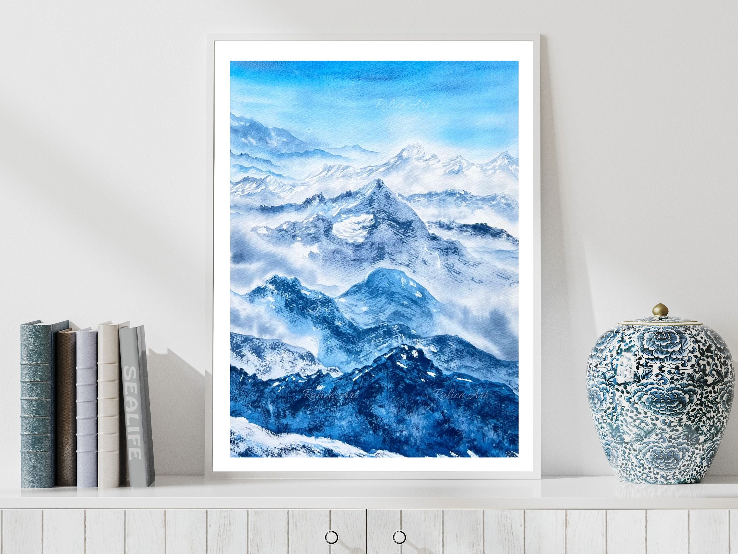 "Rolling Hills" Original Watercolor Painting of Layered Snow Capped Mountains Landscape Painting on a marine inspired shelf