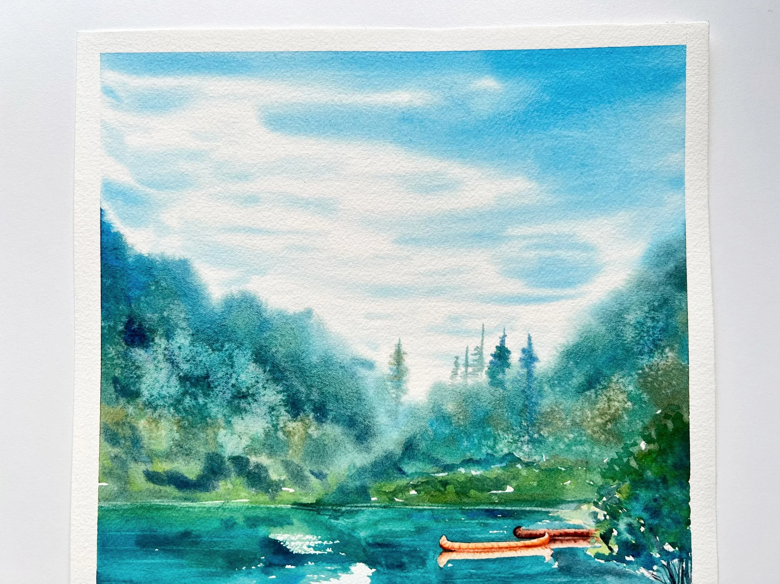 Close up of Original Watercolour Painting on Paper inspired by the stunning Lago di Braies in the Italian Dolomites