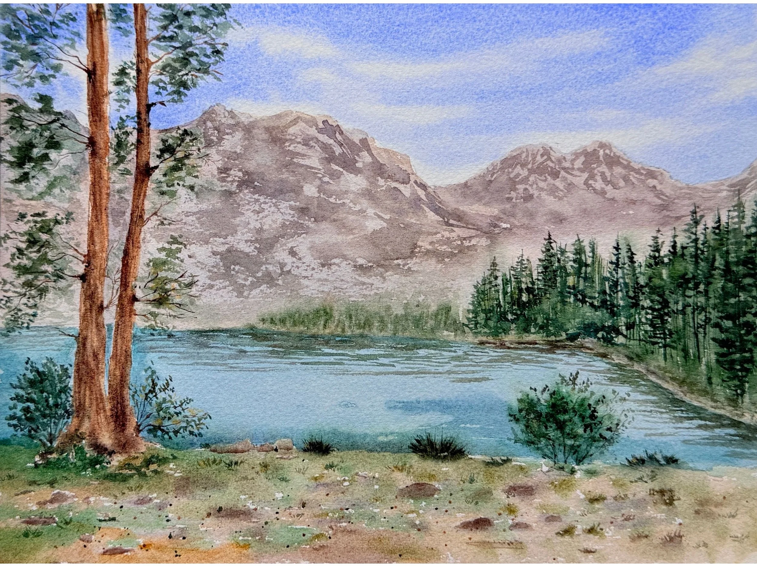 Original Watercolor Mountain Lake Painting, Pine Trees and Alpine Peaks, Serene Nature Landscape, Hand Painted Calm Wall Art