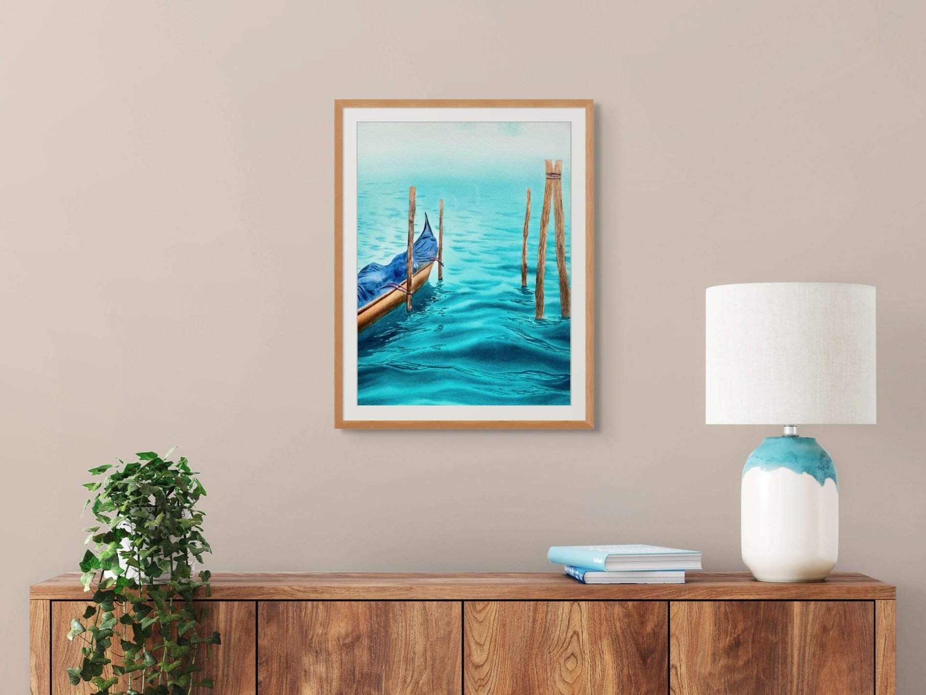 Venice Watercolor Painting in a shelf setting framed with light brown frame
