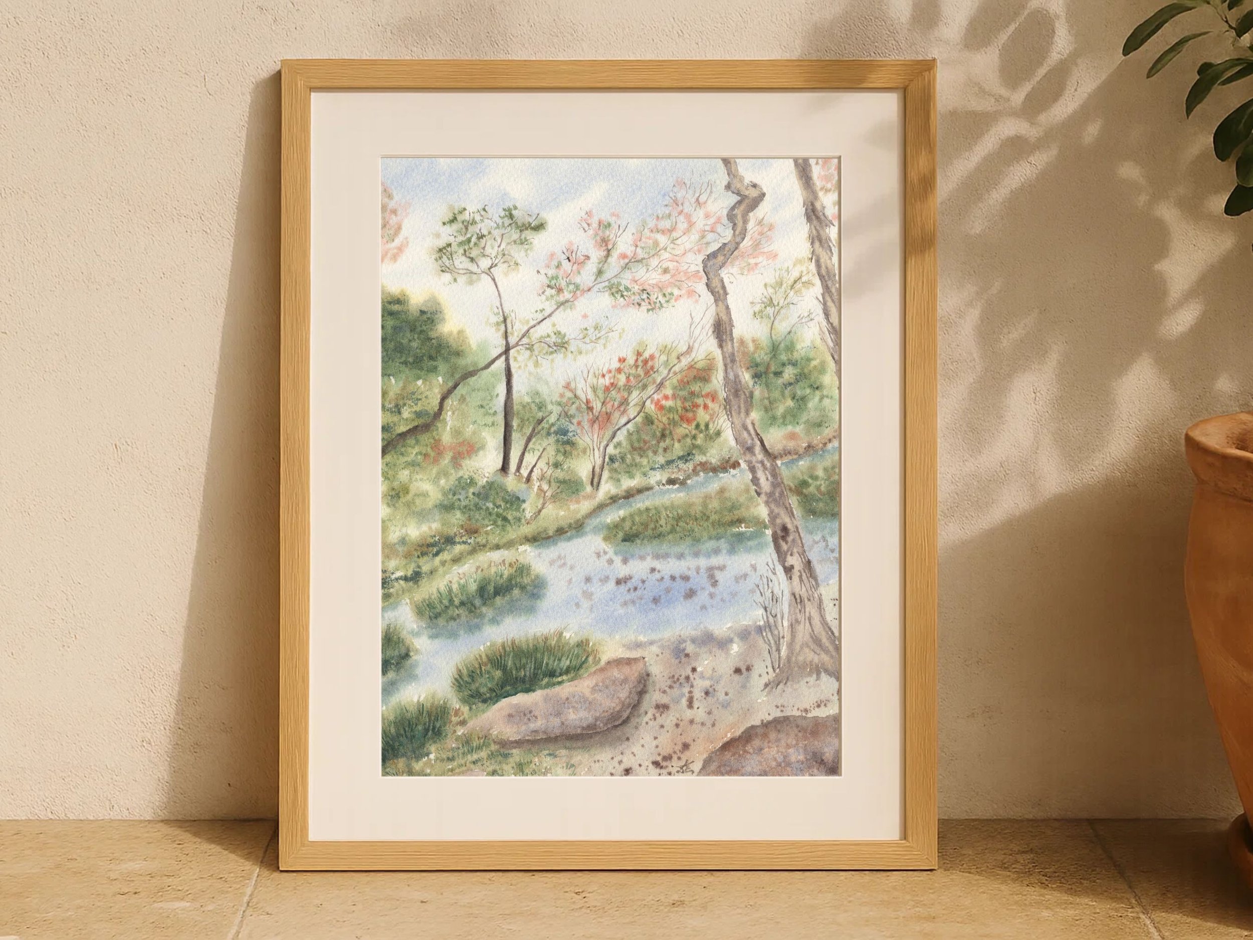 Woodland Landscape Art Print with Gentle Stream and Trees - Serene Nature Scene Forest Wall Art Poster 6.jpg