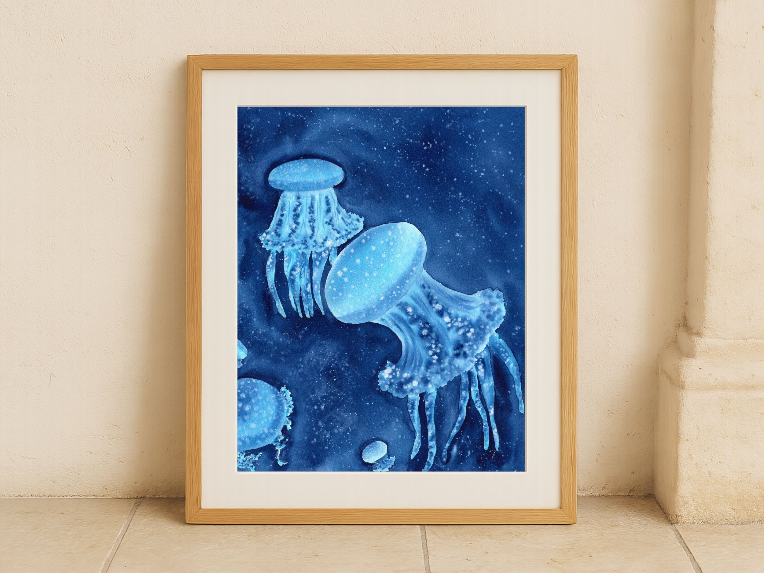Blue Jellyfish Original Watercolor Painting, Ocean Marine Life Art, Deep Sea Creature Wall Decor, Nautical Coastal Artwork 8.jpg