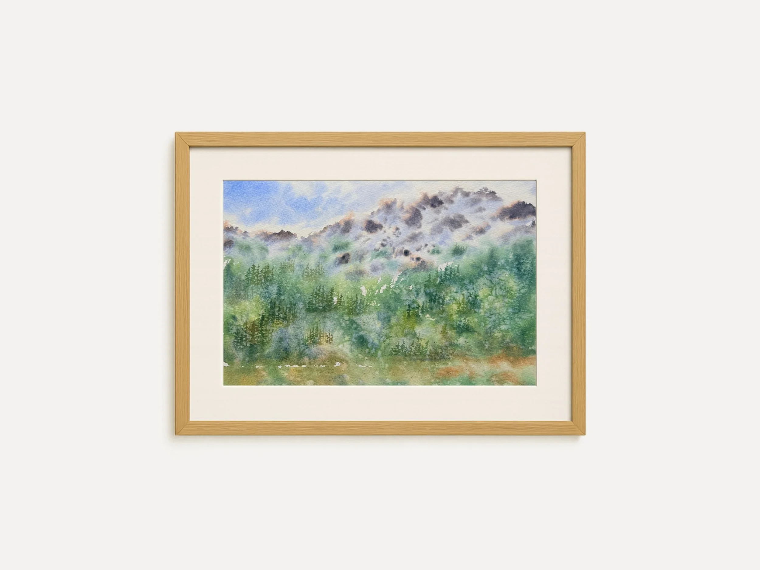 Forest and Mountain Landscape Original Watercolor Painting, Pine Tree Nature Art, Misty Woodland Wall Decor, Green 2.jpg