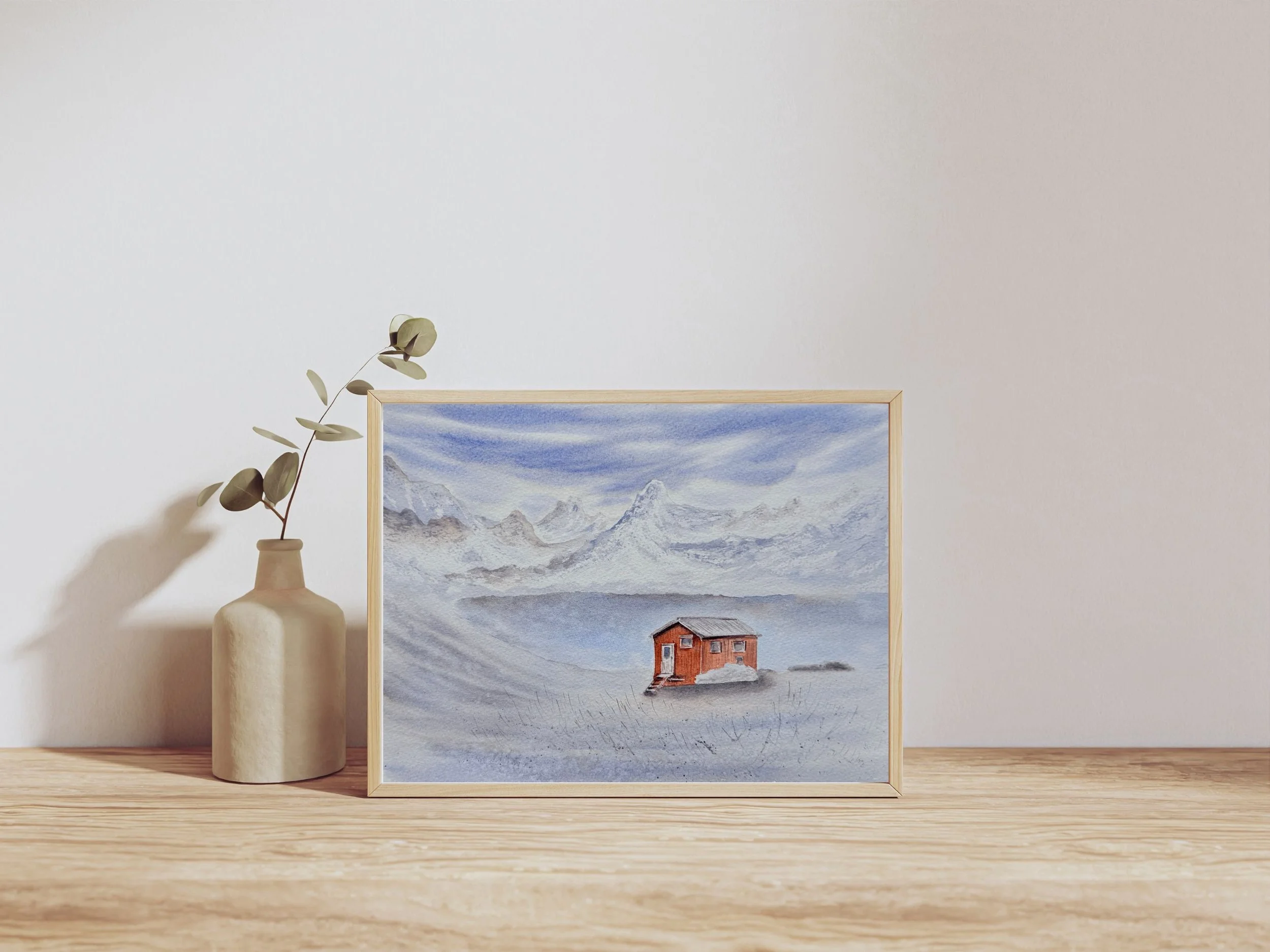 Original Watercolor Snowy Mountain Painting with Lake and Wooden Cabin, Winter Landscape Art, Hand Painted 4.jpg