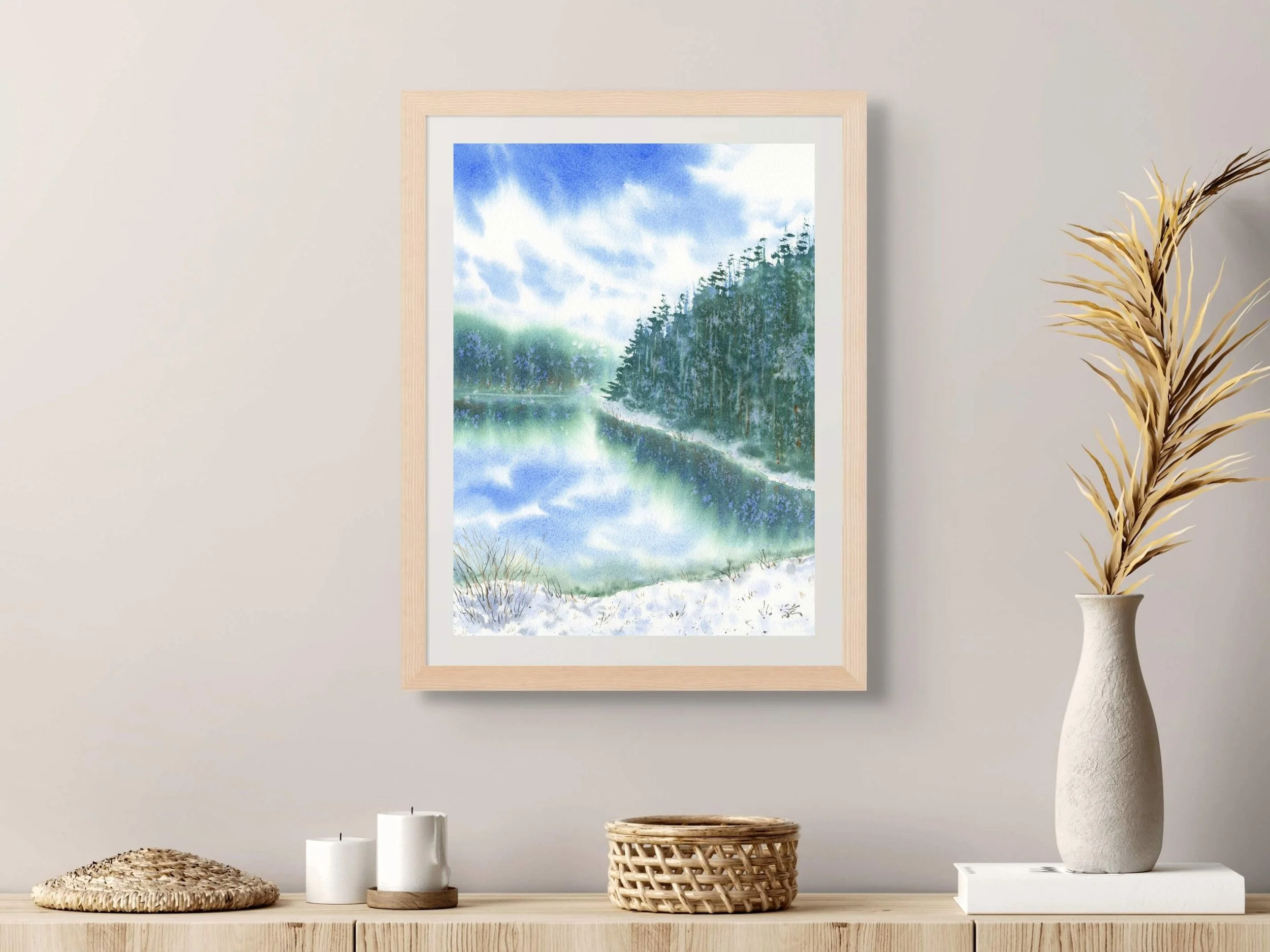 Pine Trees Fine Art Print Winter Landscape Painting Snowy Pine Forest Art Serene Lake Scene 12.jpg