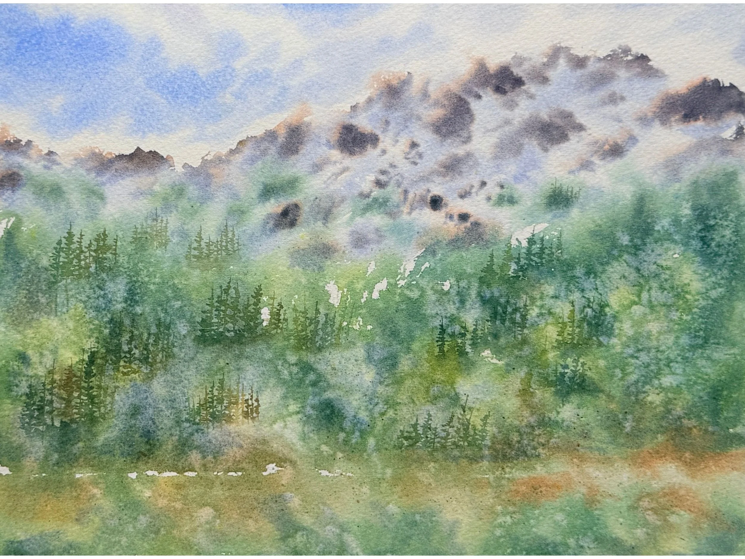 Forest and Mountain Landscape Original Watercolor Painting, Pine Tree Nature Art, Misty Woodland Wall Decor, Green.jpg