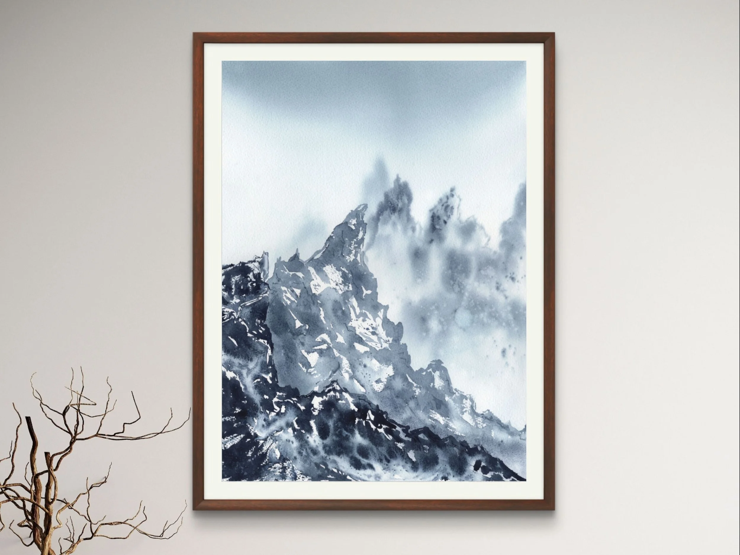 Textures Abstract Mountain Watercolor Fine Art Print, Dramatic Landscape Art, Blue Mountain Wall Decor 10.jpg
