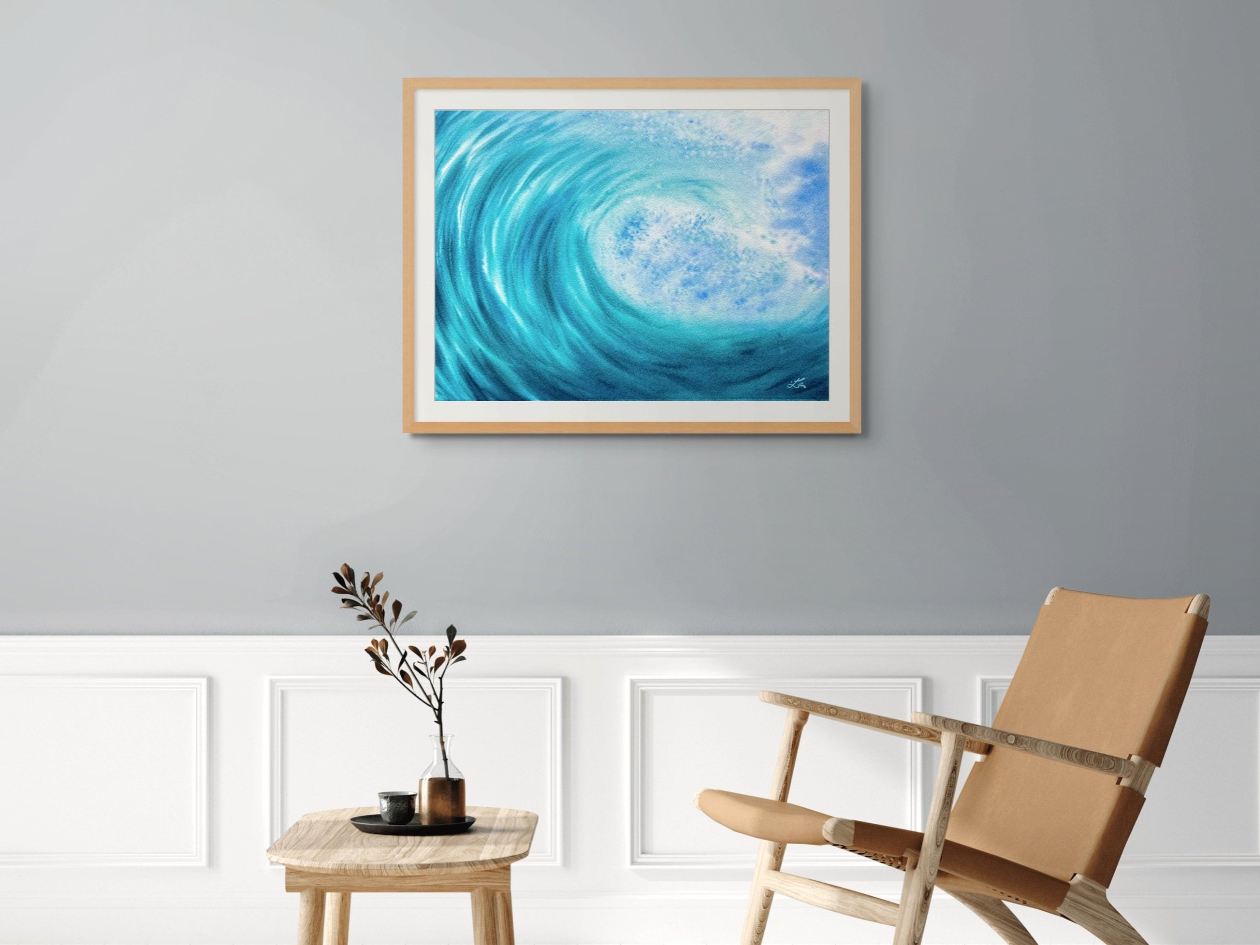 Marine Melody - Original Watercolor Painting framed ina wooden frame in a Living room setting