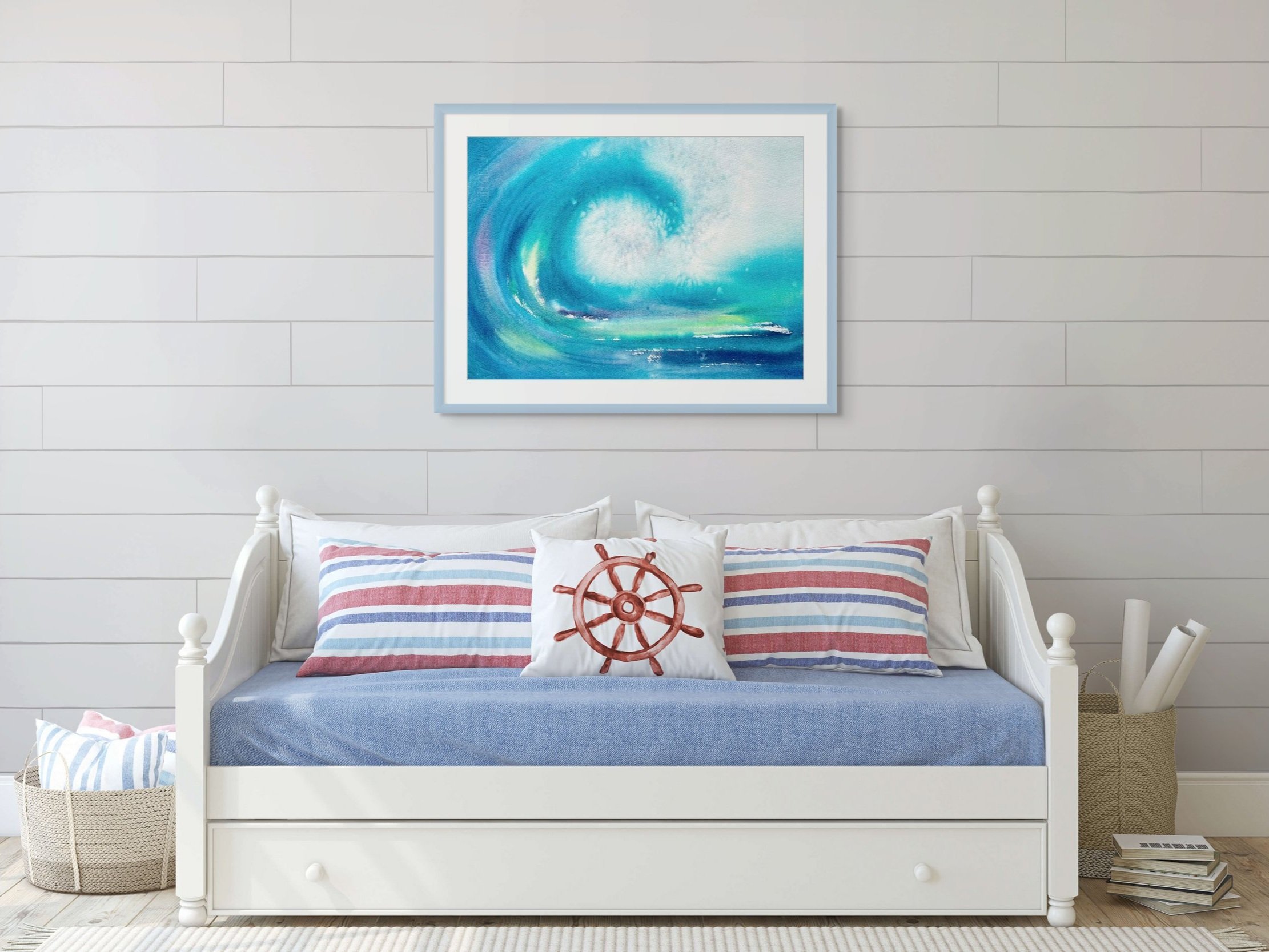 Watercolor painting of a sailing yacht in turquoise green, displayed in a modern living room. A perfect touch of nautical art for home decor.