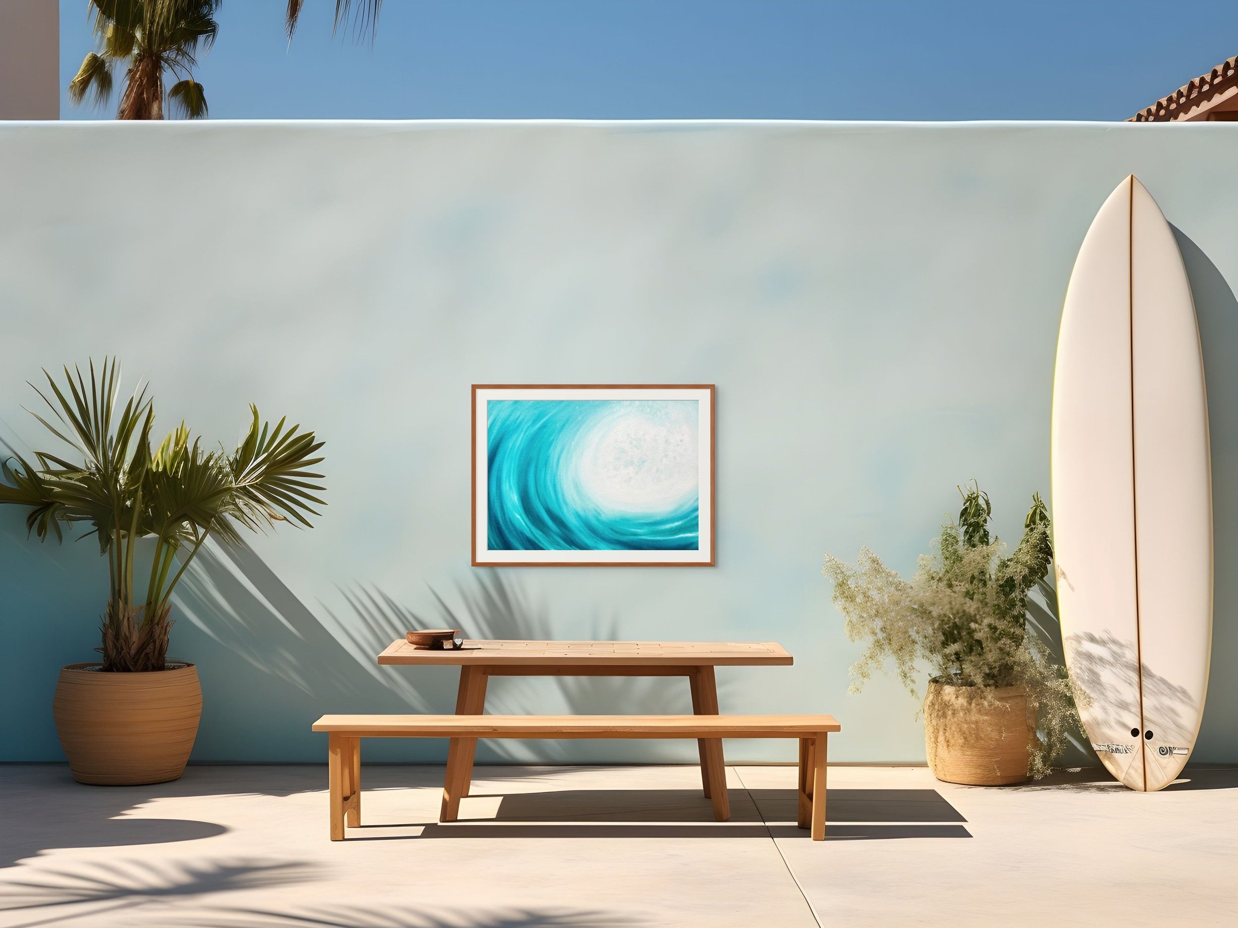 Framed watercolor painting "Blue Serenity" staged in a coastal inspired patio. Elegant and calming wave art for a serene atmosphere.