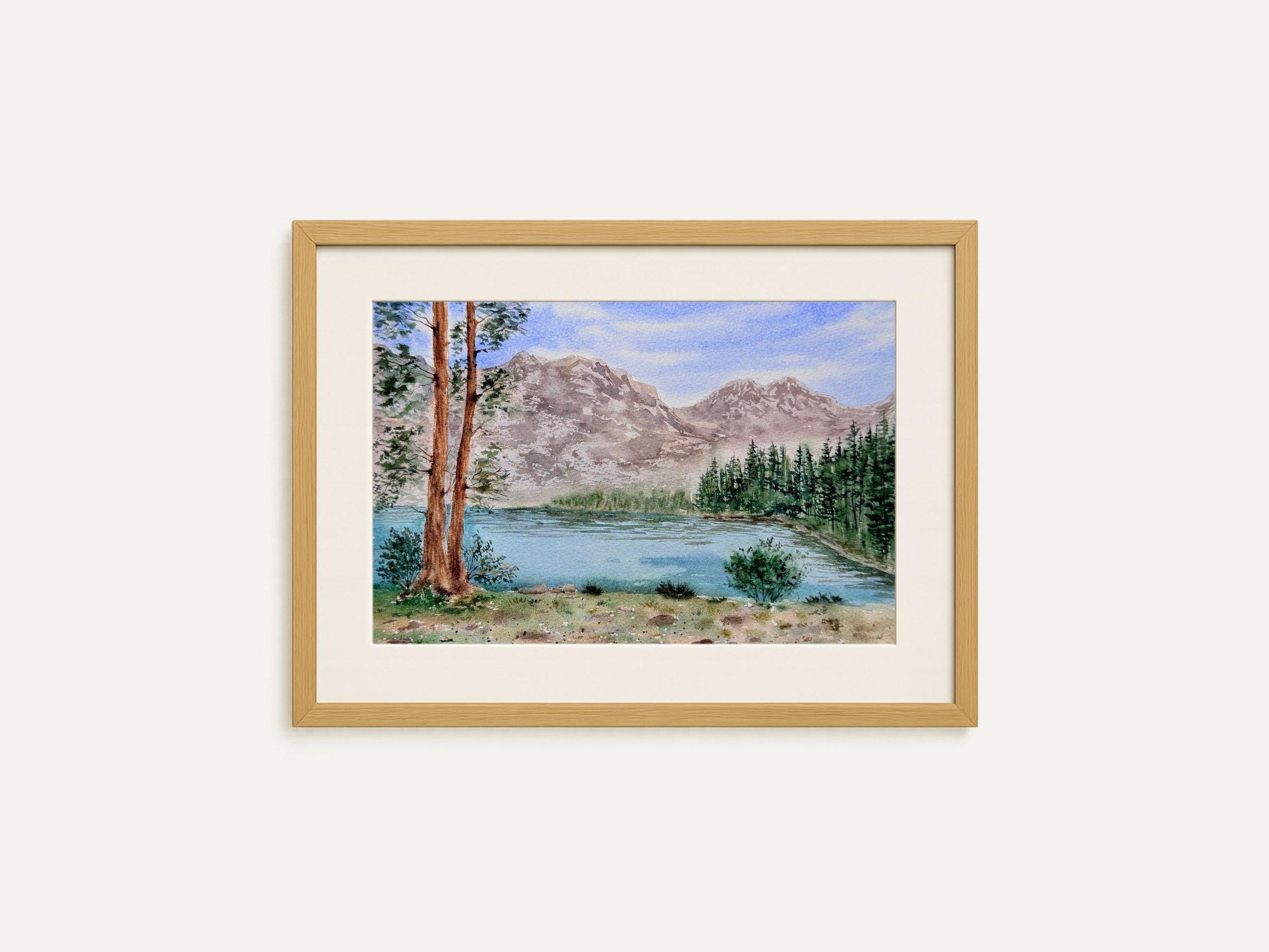 Original Watercolor Mountain Lake Painting, Pine Trees and Alpine Peaks, Serene Nature Landscape, Hand Painted Calm Wall Art