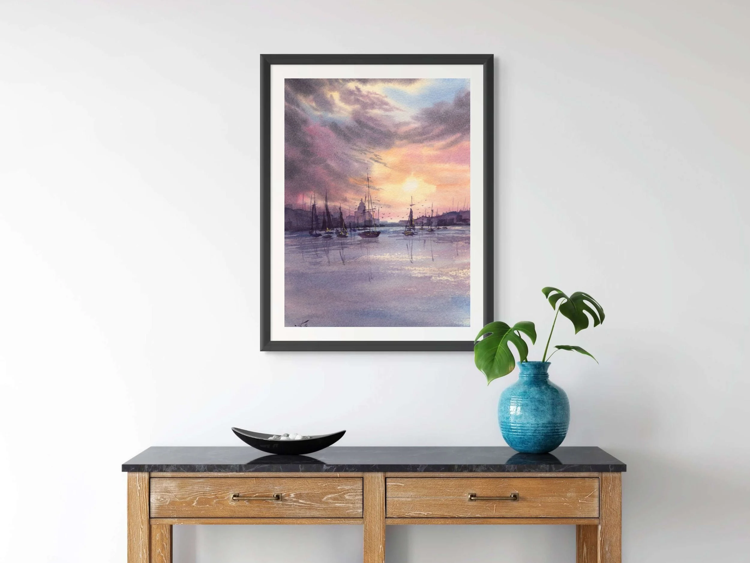 Sunset Harbor Archival Art Print, Watercolor Sailboat Painting Print, Coastal Marina Wall Art 19.jpg