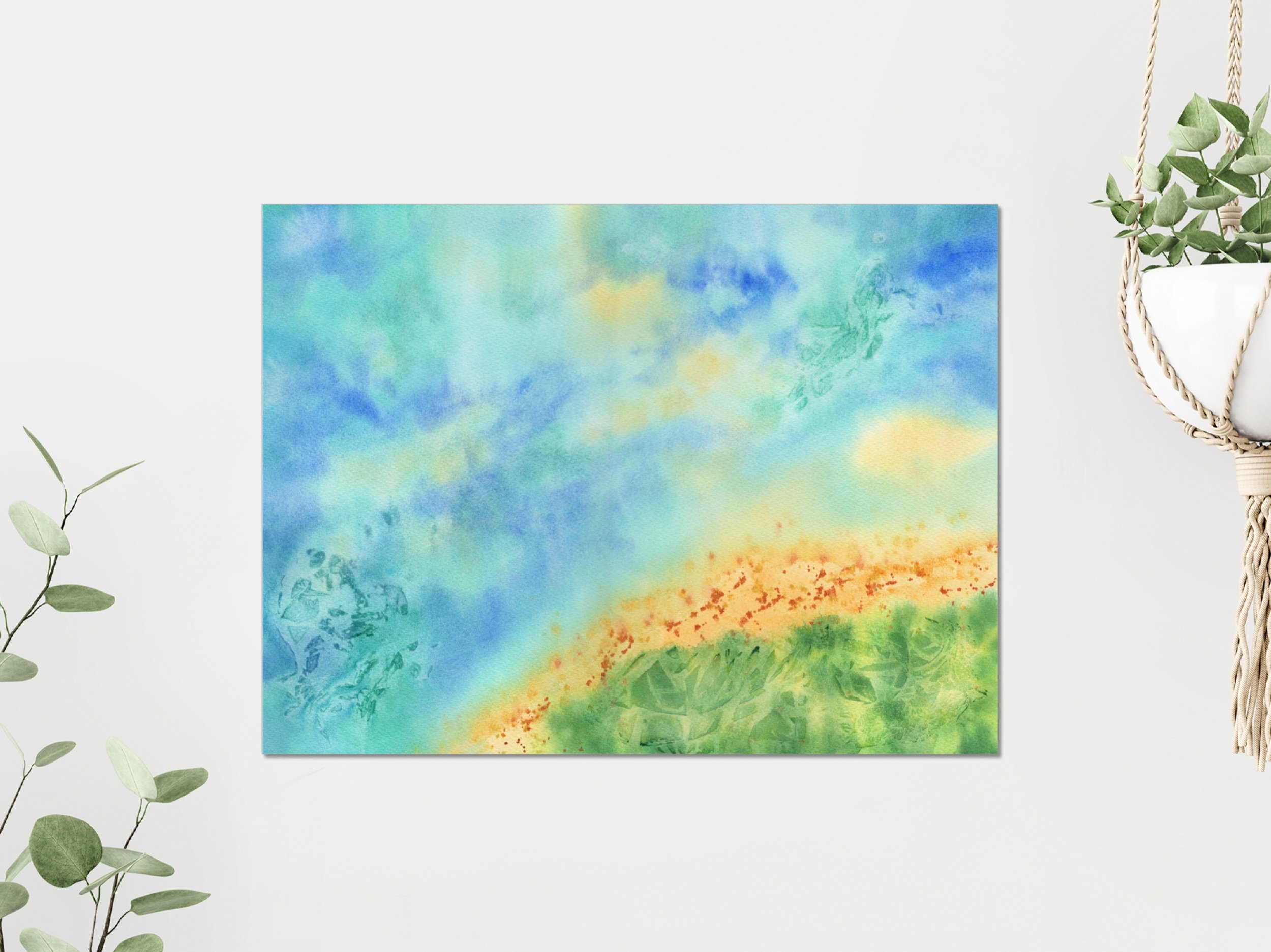 Original watercolor painting "Abstract Seascape" framed and staged unframed hanging on the wall, adding a calming and modern coastal touch to your space.