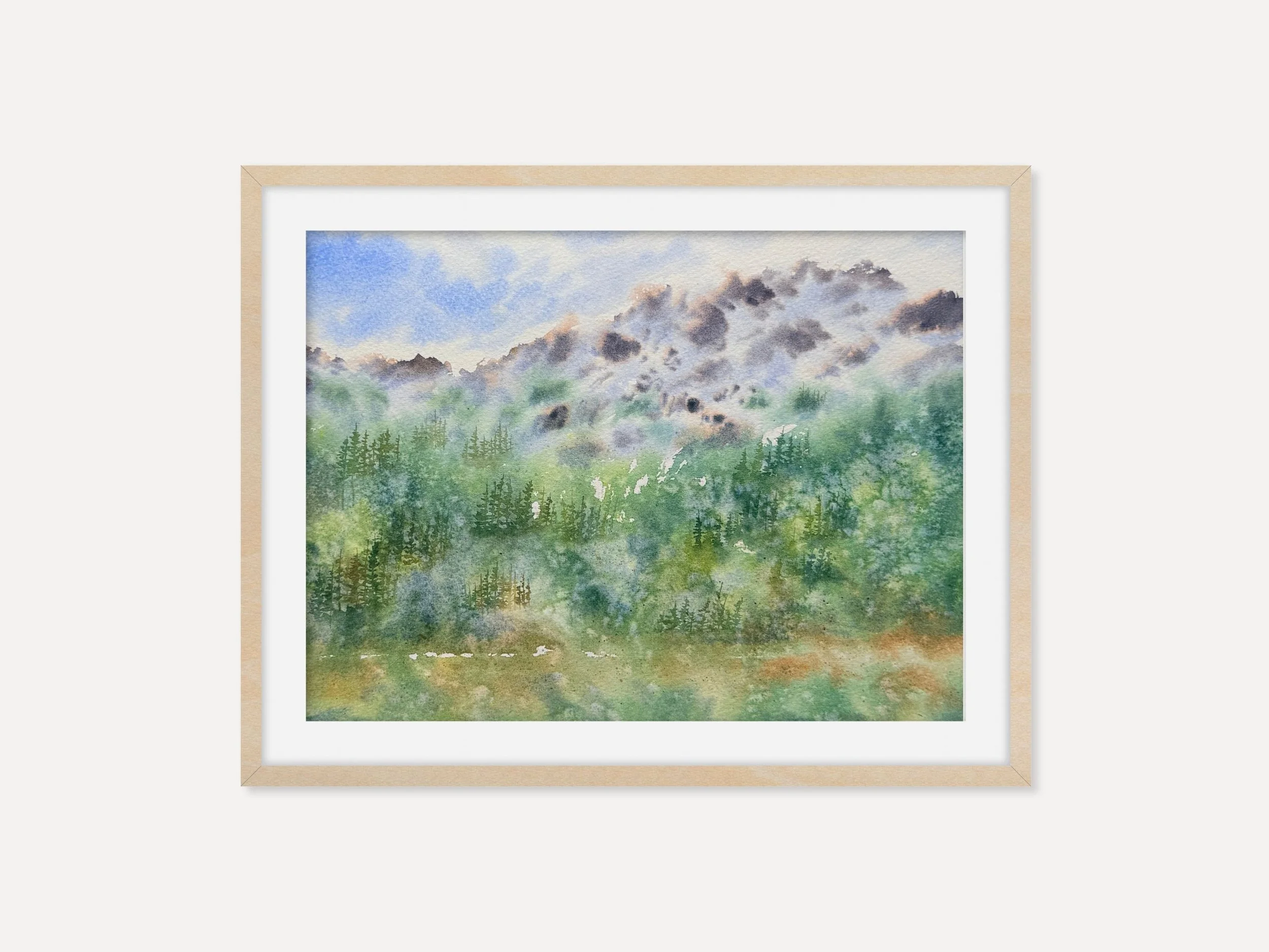 Forest and Mountain Landscape Original Watercolor Painting, Pine Tree Nature Art, Misty Woodland Wall Decor, Green 1.jpg