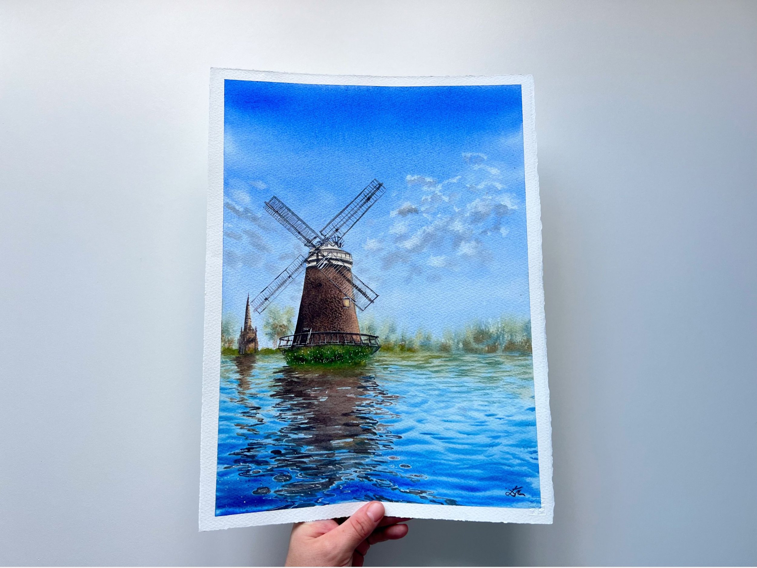 Windmill's Reflections Watercolor Painting | Landscape Wall Art for Lakehouse & Farmhouse | Impressionistic Artwork Decor closeup in my hand