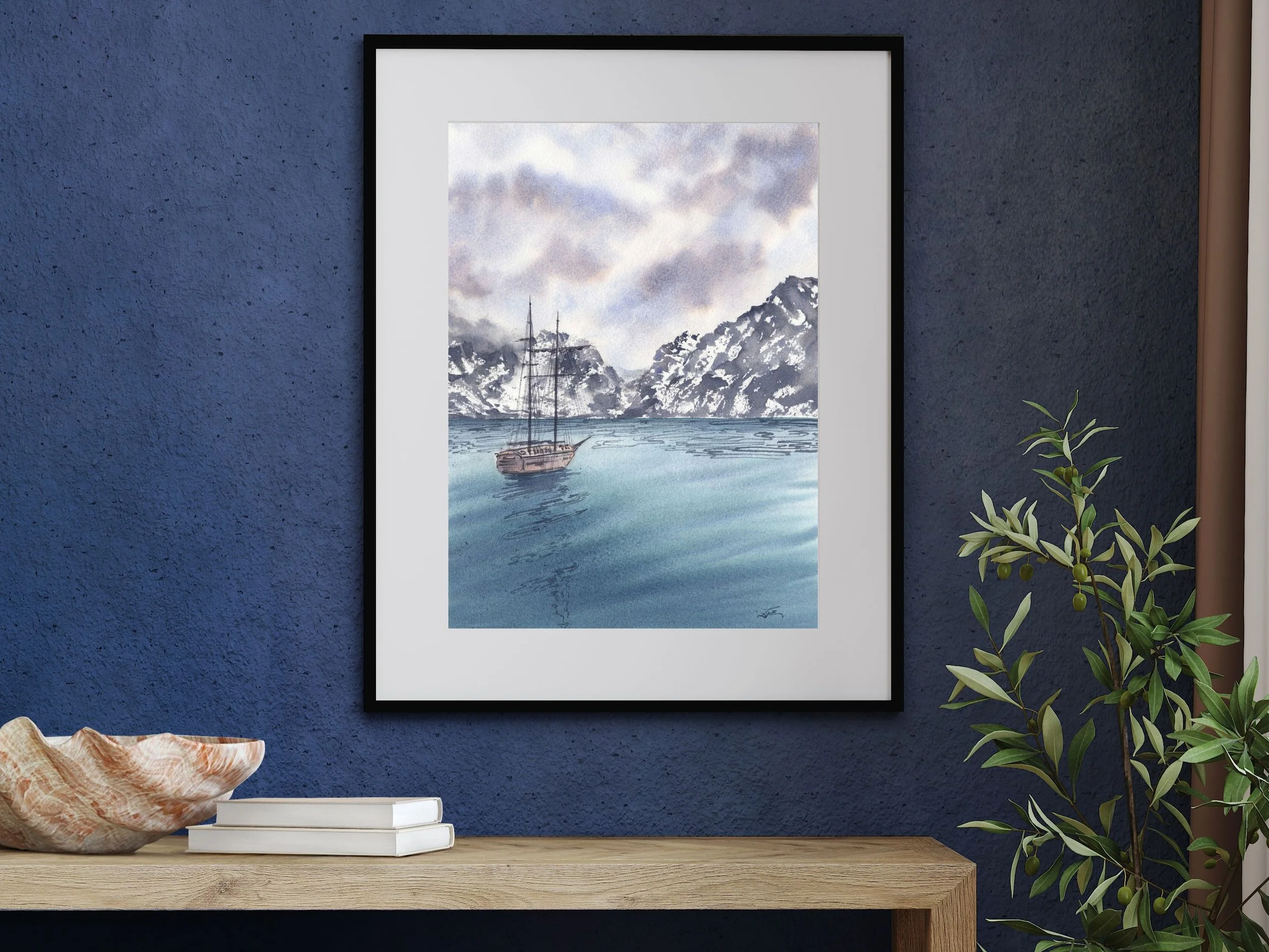Sail Towards the Mountains Archival Art Print, Watercolor Fjord Landscape Print, Sailboat Poster 3.jpg