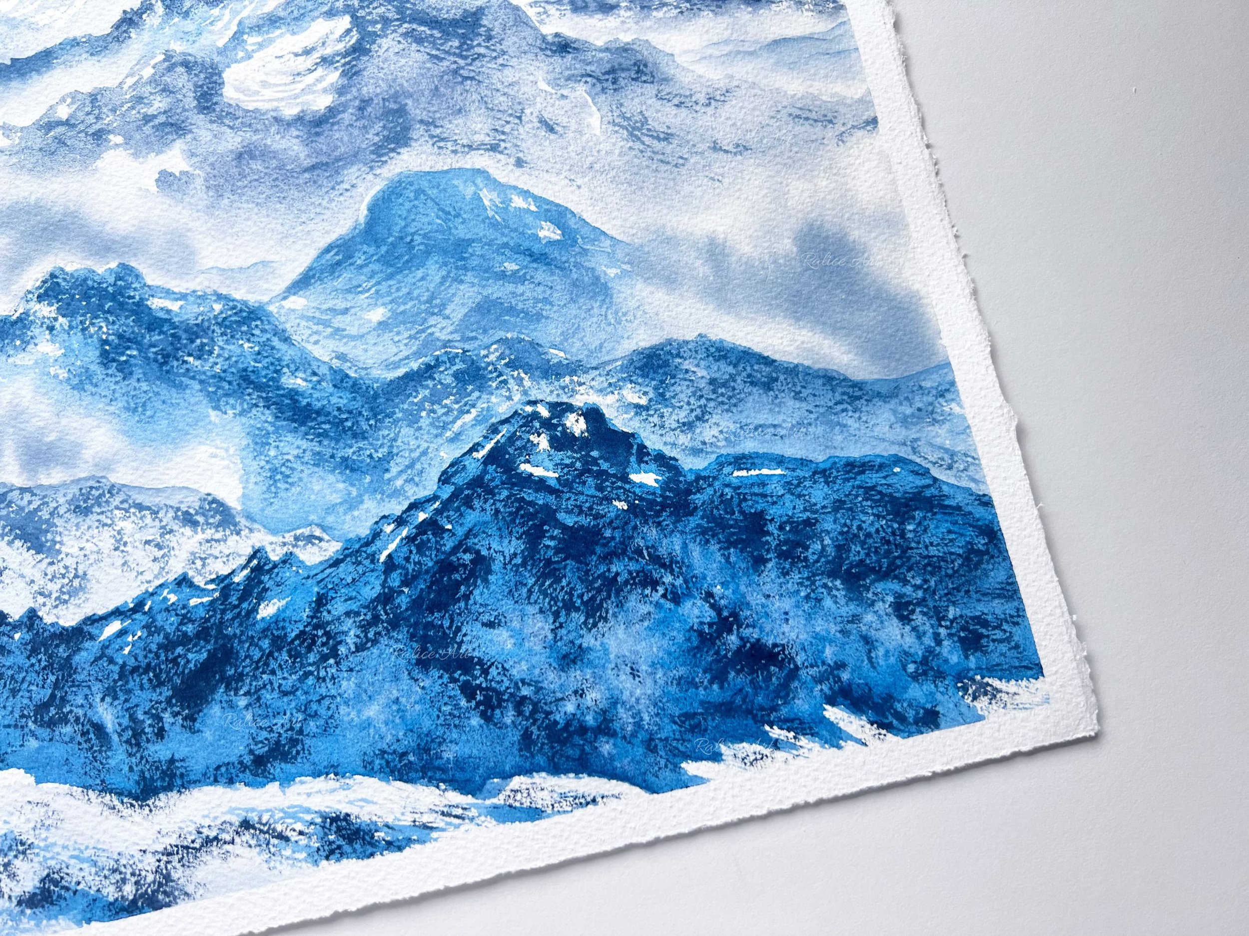 "Rolling Hills" Original Watercolor Painting of Layered Snow Capped Mountains Landscape Painting closeup
