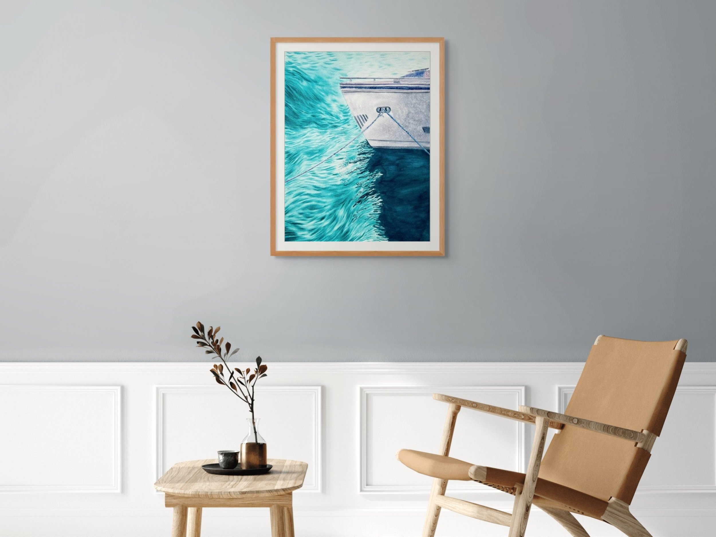 Original watercolor painting "Wind" framed and staged in a living room or hallway, adding nautical elegance and dynamic energy to the space.