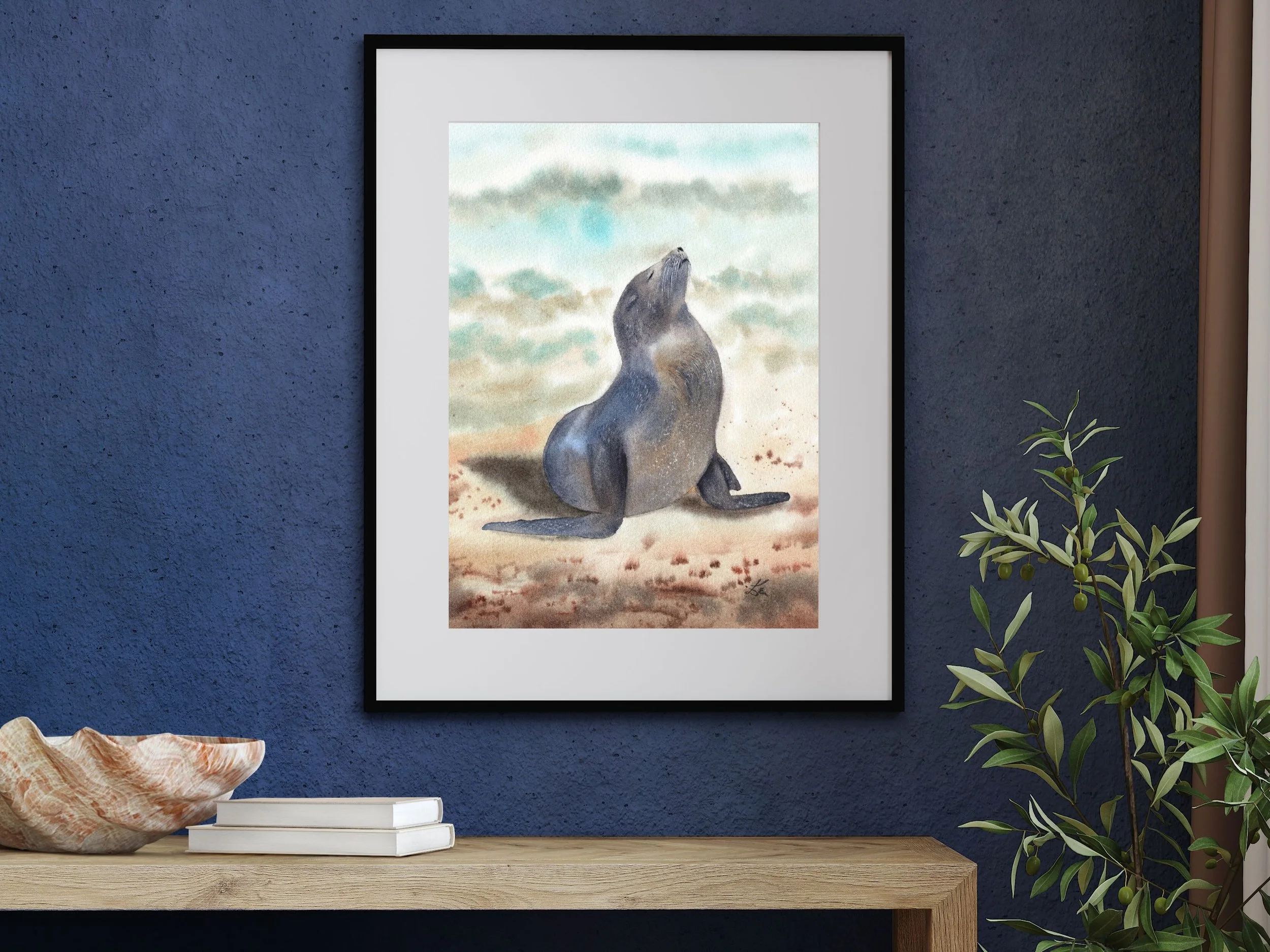Sunbathing Seal Fine Art Print Coastal Wildlife Watercolor Wall Art Archival Art Poster 3.jpg