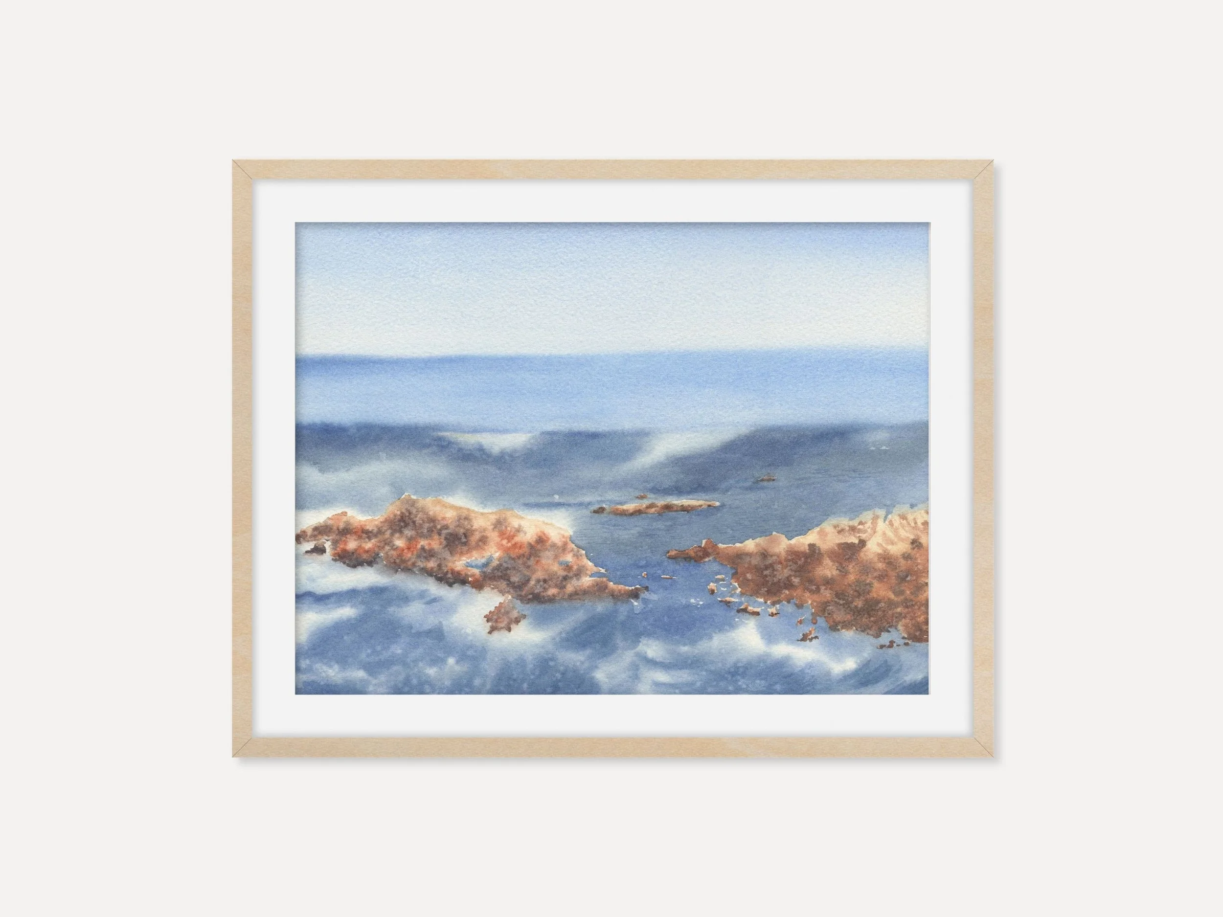 Ocean Waves with Rocks Watercolor Art Print, Seascape Wall Art, Blue Coastal Decor, Poster.jpg