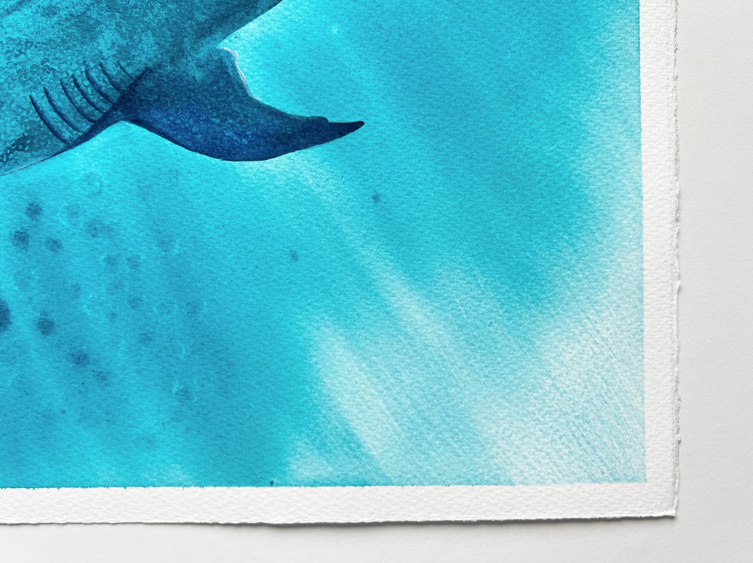 A close-up of the tale of a whale shark swimming underwater and the entire bottom right corner.