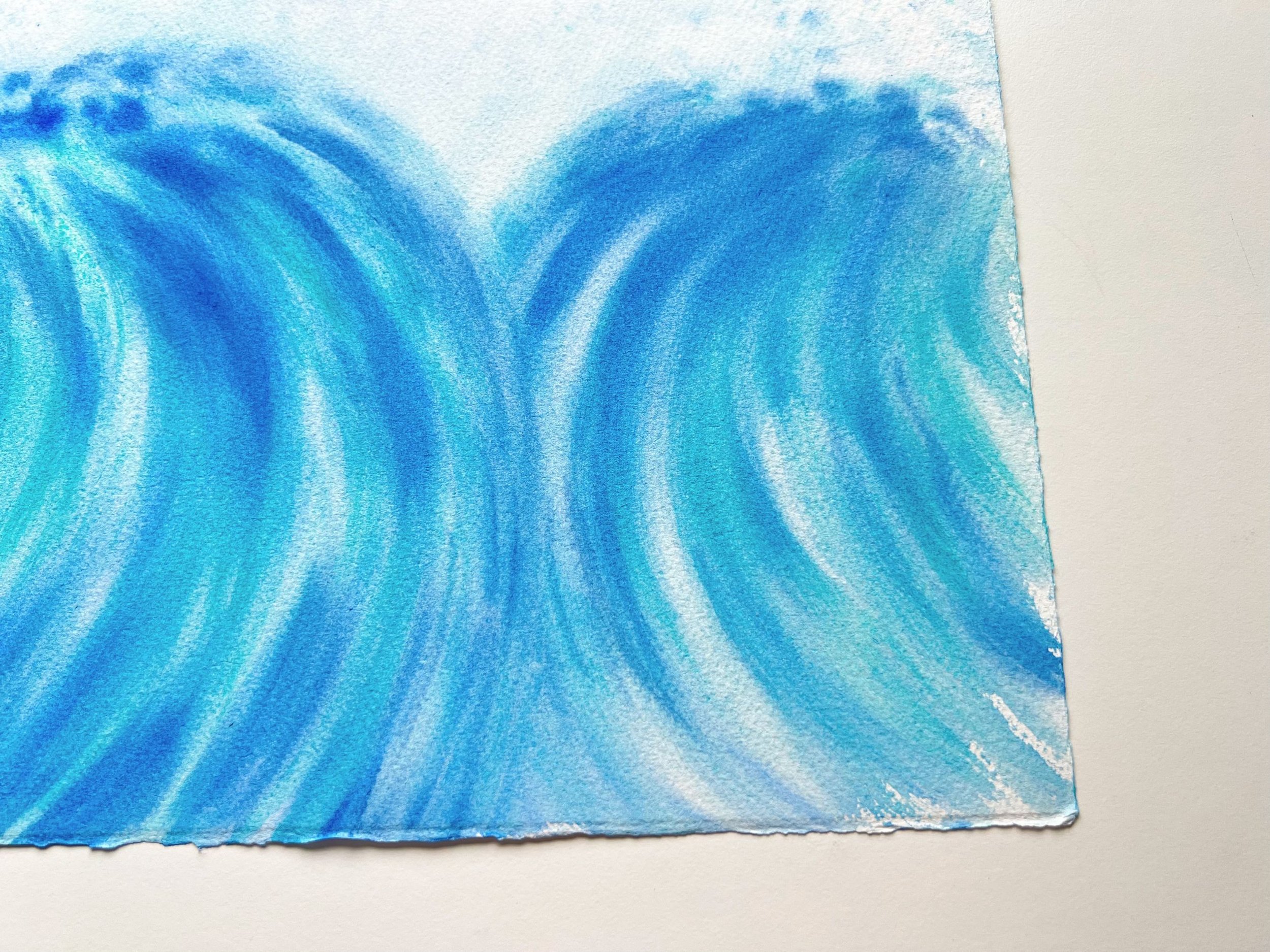 Closeup of the vibrant watercolor painting "A Dance for Two" featuring dynamic crashing waves. Perfect for modern coastal decor.