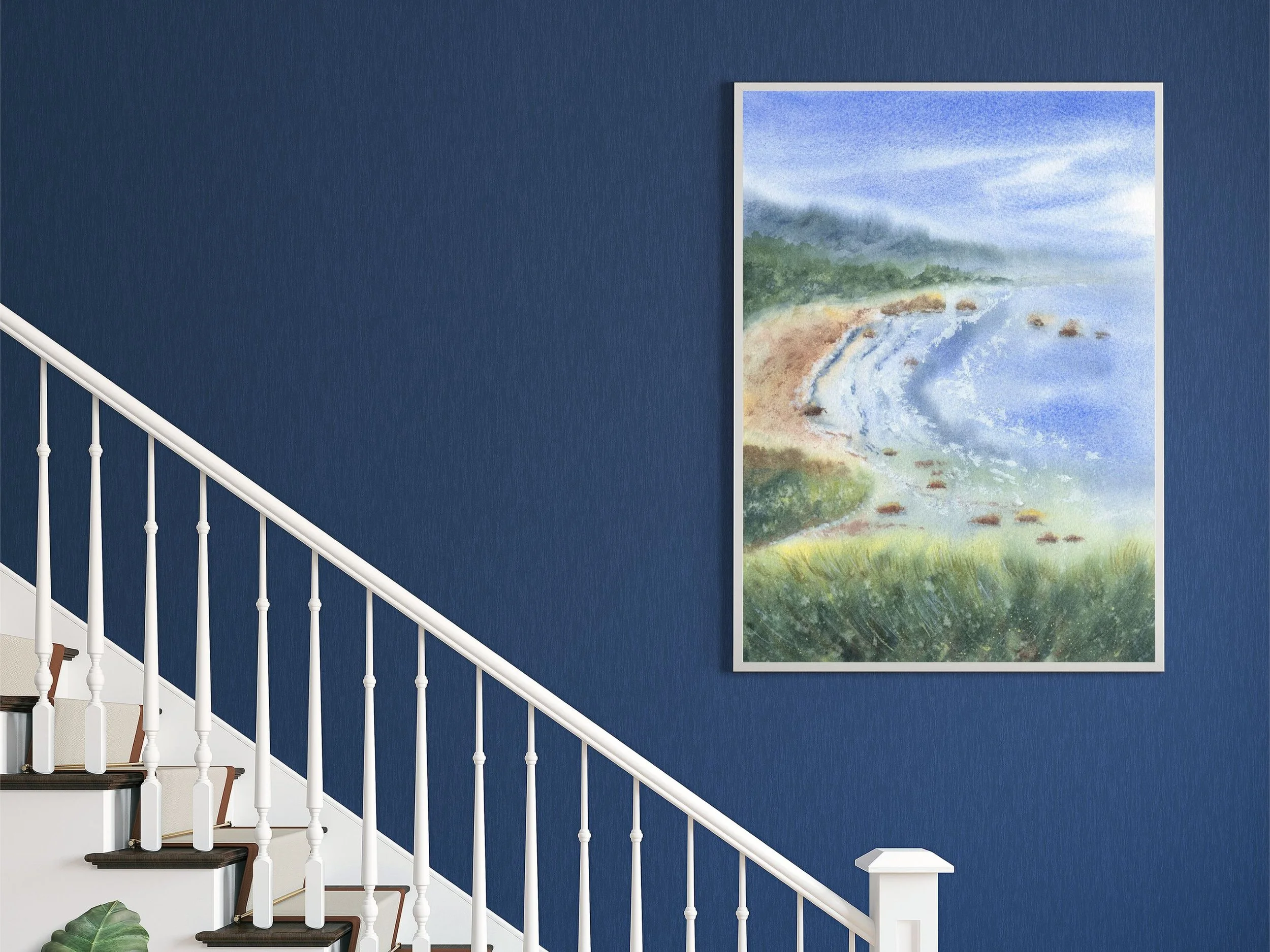 Coastal Bay Watercolor Landscape Art Print, Misty Shoreline and Cliffs 5.jpg