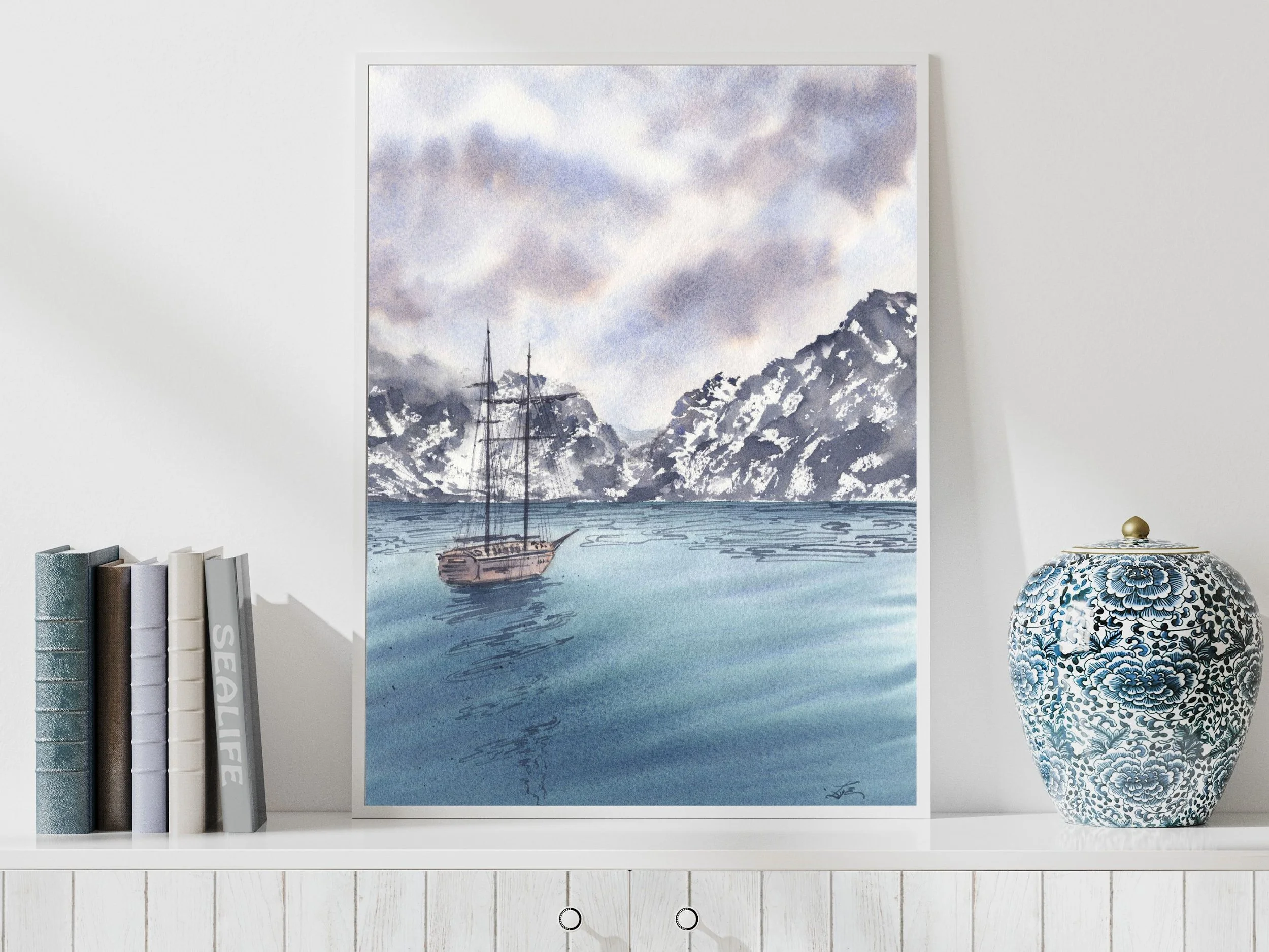 Sail Towards the Mountains Archival Art Print, Watercolor Fjord Landscape Print, Sailboat Poster 2.jpg
