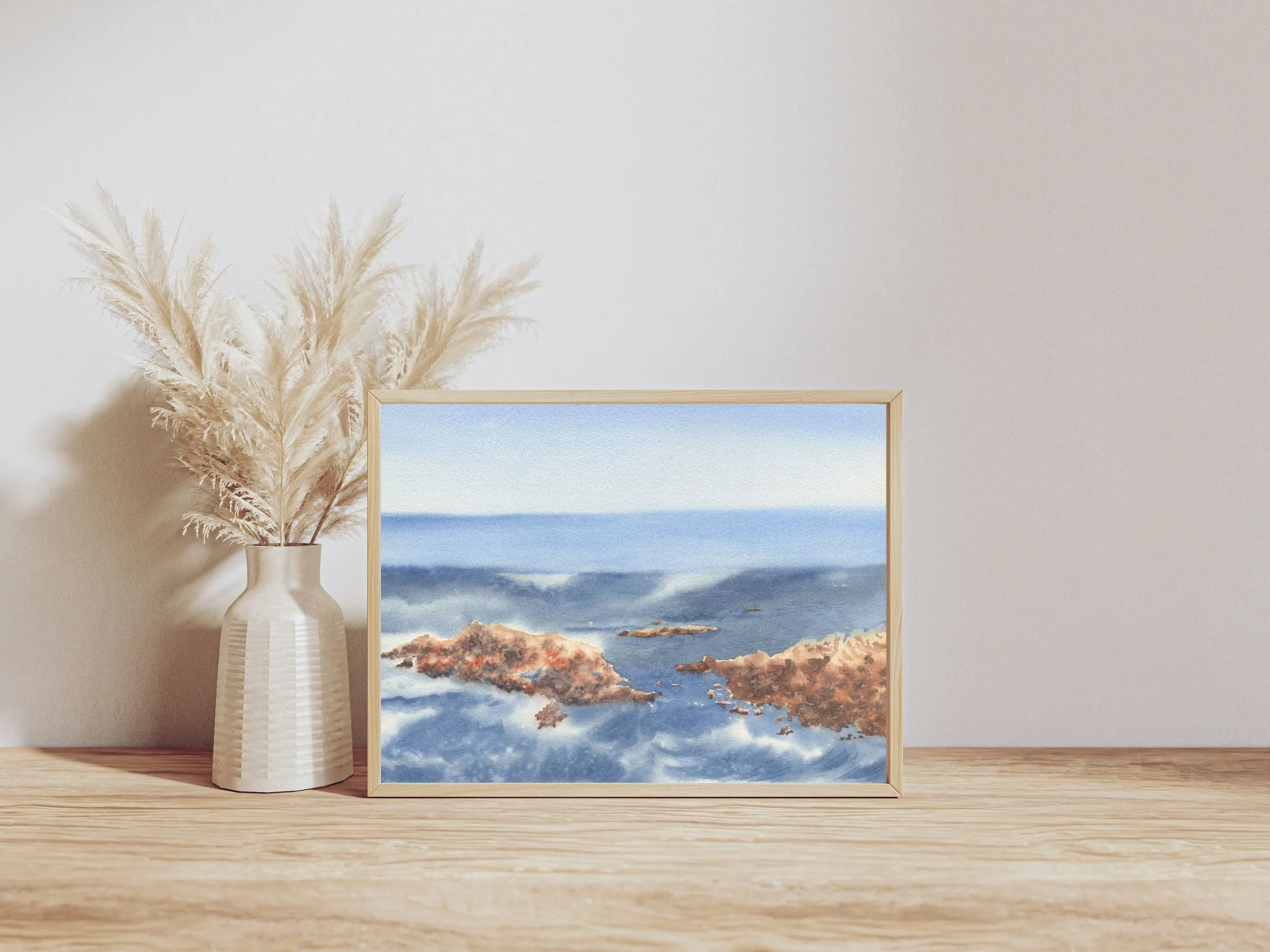 Ocean Waves with Rocks Watercolor Art Print, Seascape Wall Art, Blue Coastal Decor, Poster 5.jpg